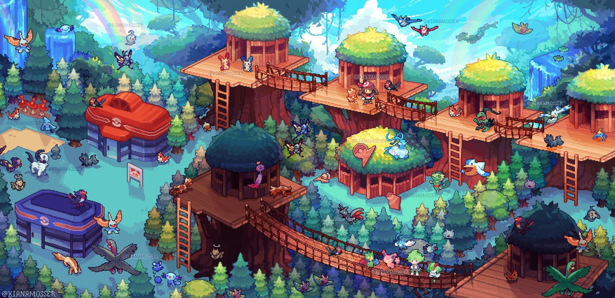 Pixel art: Isometric rendition of Fortree City, a city of treehouses, from Pokémon Emerald. May and Wally are visiting the city as many Pokémon go about their day around them in nature.