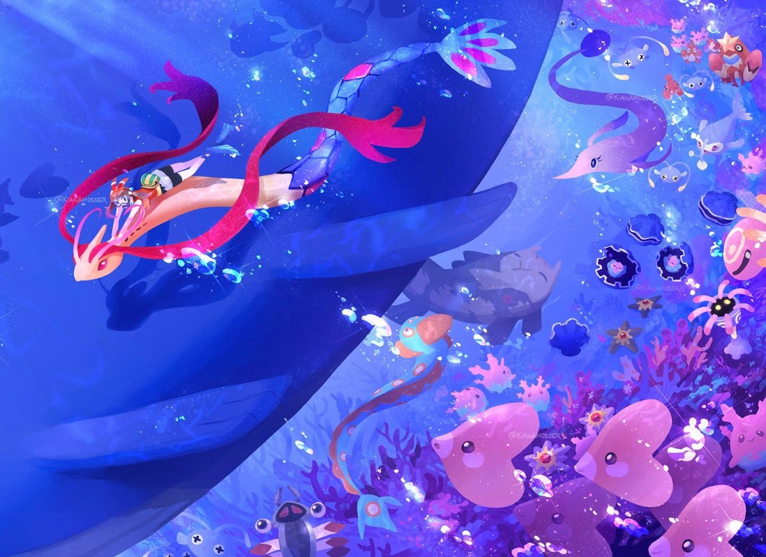 Illustration (piece 2/2): May diving with Milotic beside Wailord. Underneath them are Gorebyss, Chinchou, Lanturn, Crawdaunt, Corphish, Clamperl, Staryu, Cradily, Lileep, Staryu, and Corsola. In the foreground swims a school of Luvdisc.