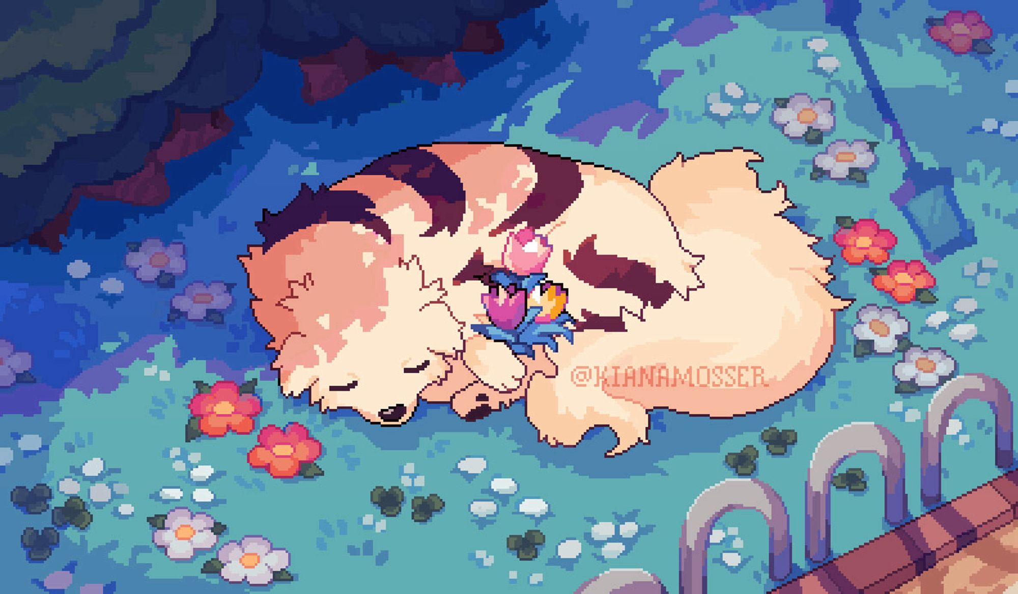 Pixel art: Ellie, a dog with a design inspired by Arcanine, taking a nap in the park.