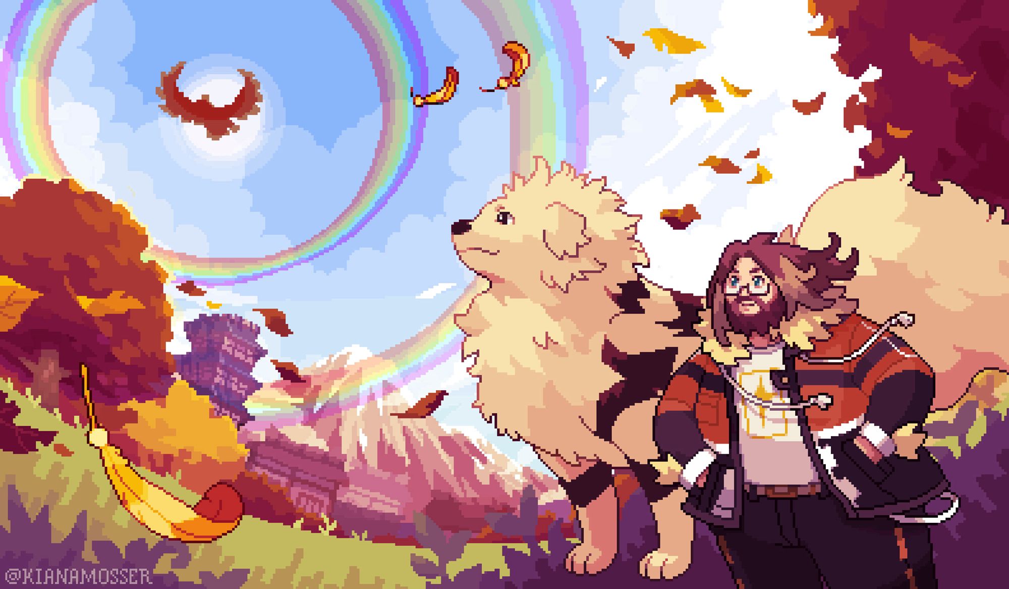 A pixel art autumn scene outdoors in a style reminiscent of Pokemon HeartGold and SoulSilver, with Arcashine and his dog Ellie looking up at a giant bird framed by a double rainbow.