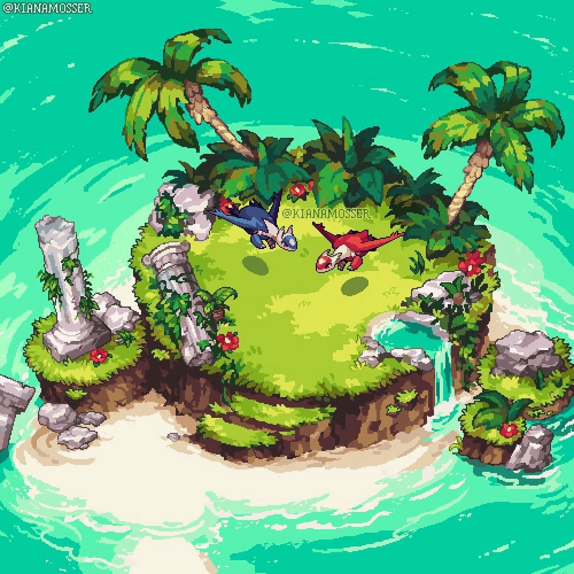 Southern Island, a calm tropical island with overgrown ruins, from Pokemon Mystery Dungeon in a modern pixel art style. Latias and Latios are in the middle of the island.