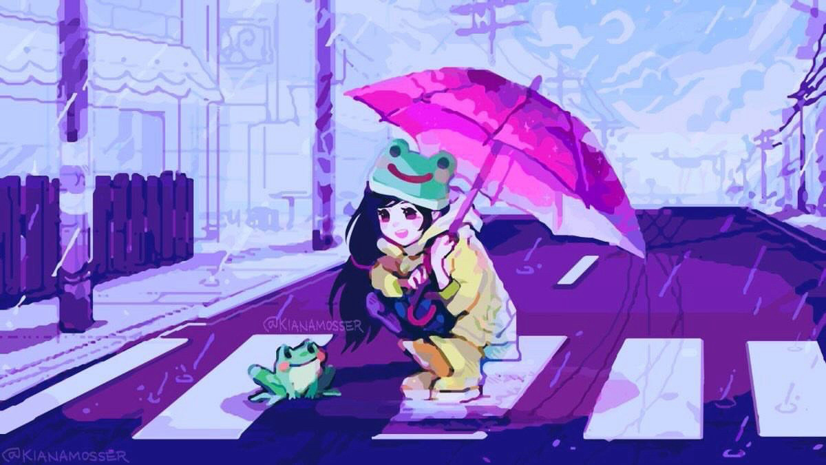 On a rainy day in the city, a girl wearing a frog hat meets a frog at the crosswalk. Both of them are smiling at each other, with the girl crouching low to the ground to get a better look at the frog.