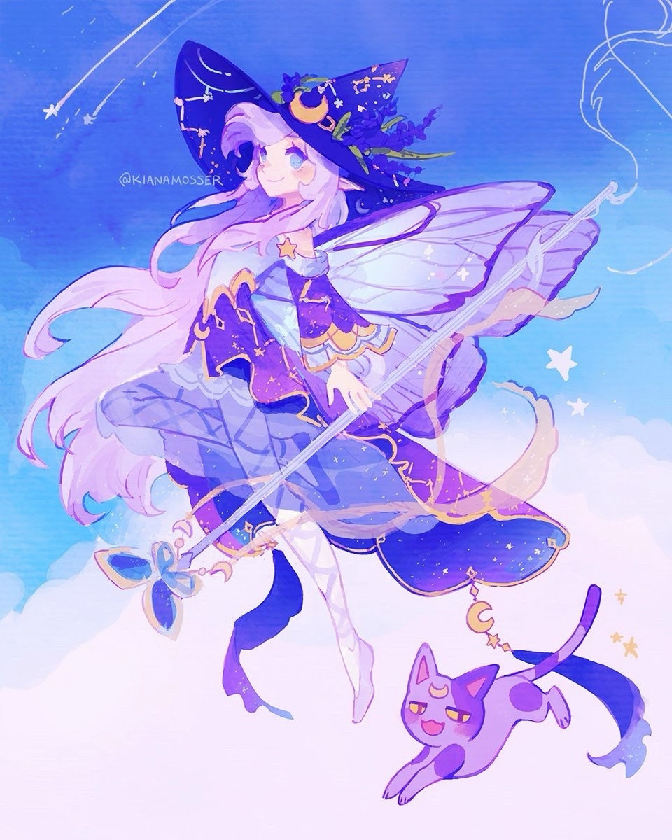 A witch with fairy wings and a constellation-themed outfit with lavender plants in her hat. Her familiar is a cat who looks like a mix of Luna from Sailor Moon and Bob from Animal Crossing.