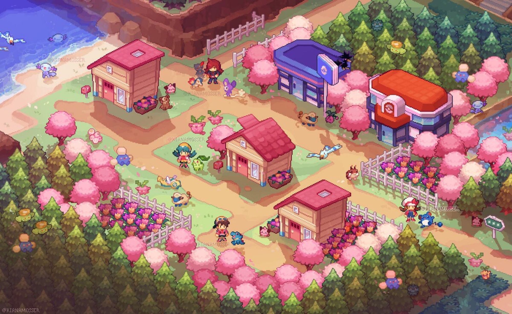 Isometric pixel art rendition of Cherrygrove City from Pokémon HeartGold/SoulSilver. It's a small town by the sea, with lots of cherry blossom trees and flowers. Kris, Gold, Lyra, and Silver are in town with their starters. Around them, Pokémon are relaxing and floating in the gentle wind.