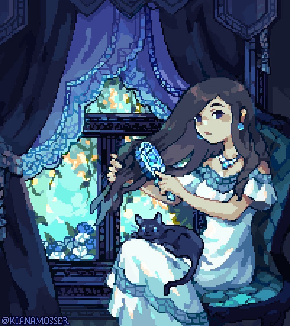 Pixel art: A girl brushing her hair by a window with elaborate lace curtains in the early morning, as sunlight shines through the leaves of the trees, vines, and flowers outside. She’s wearing a fancy nightgown and jewelry. Her pet cat is sitting in her lap.