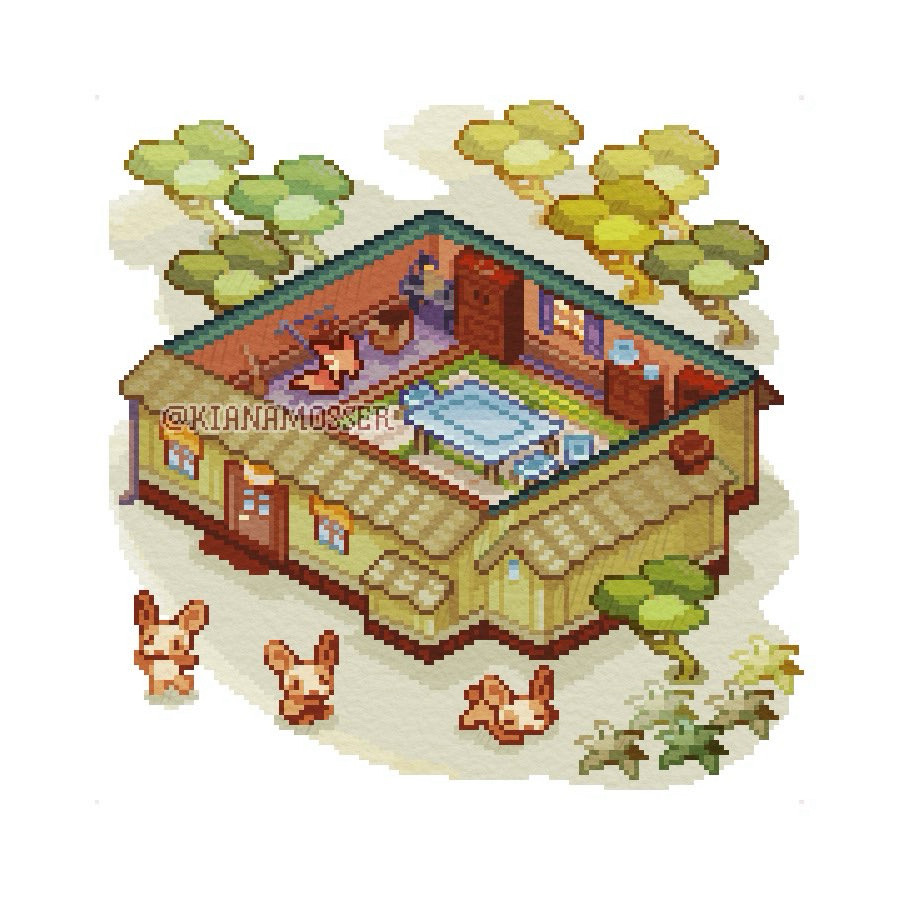 Isometric pixel art: Glass Workshop from Pokemon Emerald, surrounded with trees and grass covered in ashes. Slugma is indoors by the tools and glass table. Outside are some wild Spinda.