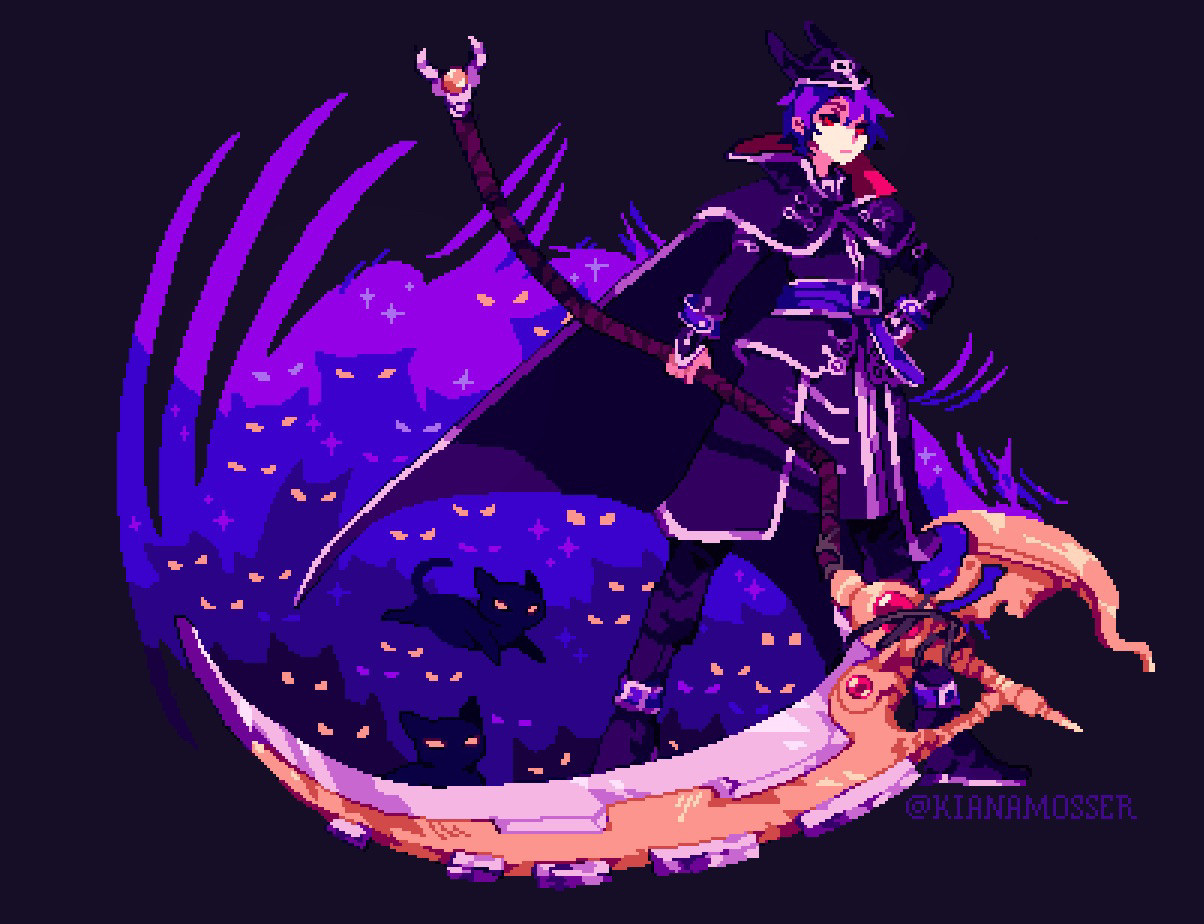 An illustration of Dark Serge from Chrono Cross with Lynx's outfit and scythe. Behind him are many glowing cat eyes.