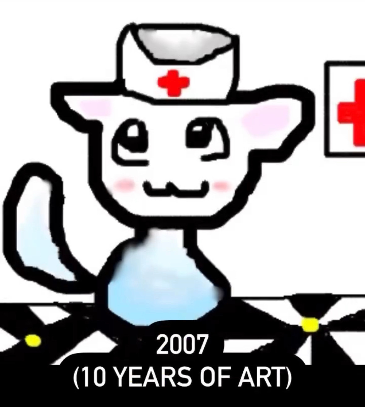 A blobby cat with a nurse hat, drawn with shaky lines. Text: 2007 (10 years of art)