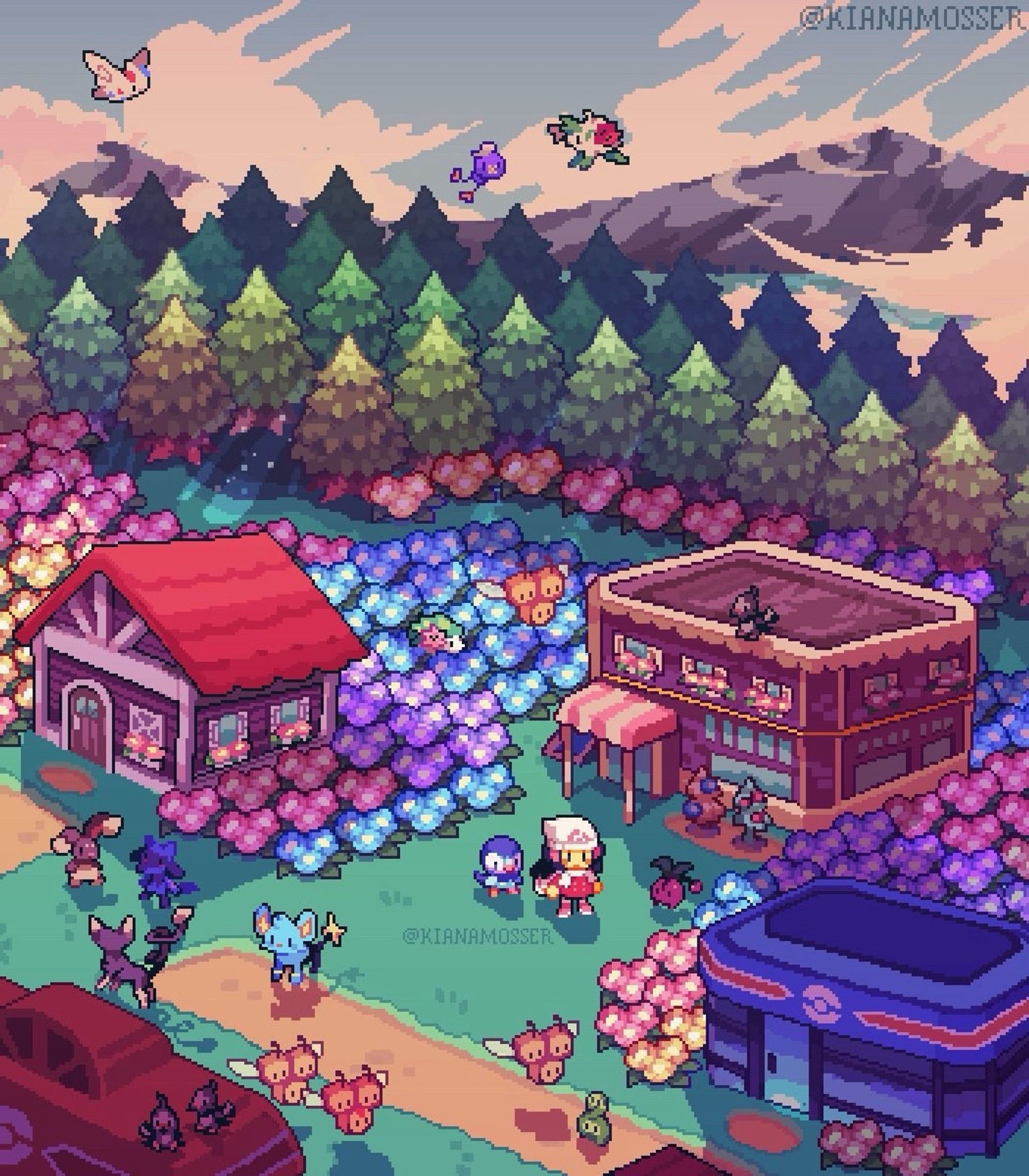 A pixel art diorama of Floaroma Town from Pokemon Diamond and Pearl. Dawn and Piplup are in the center of town with many flowers and Pokemon going about their day surrounding them.