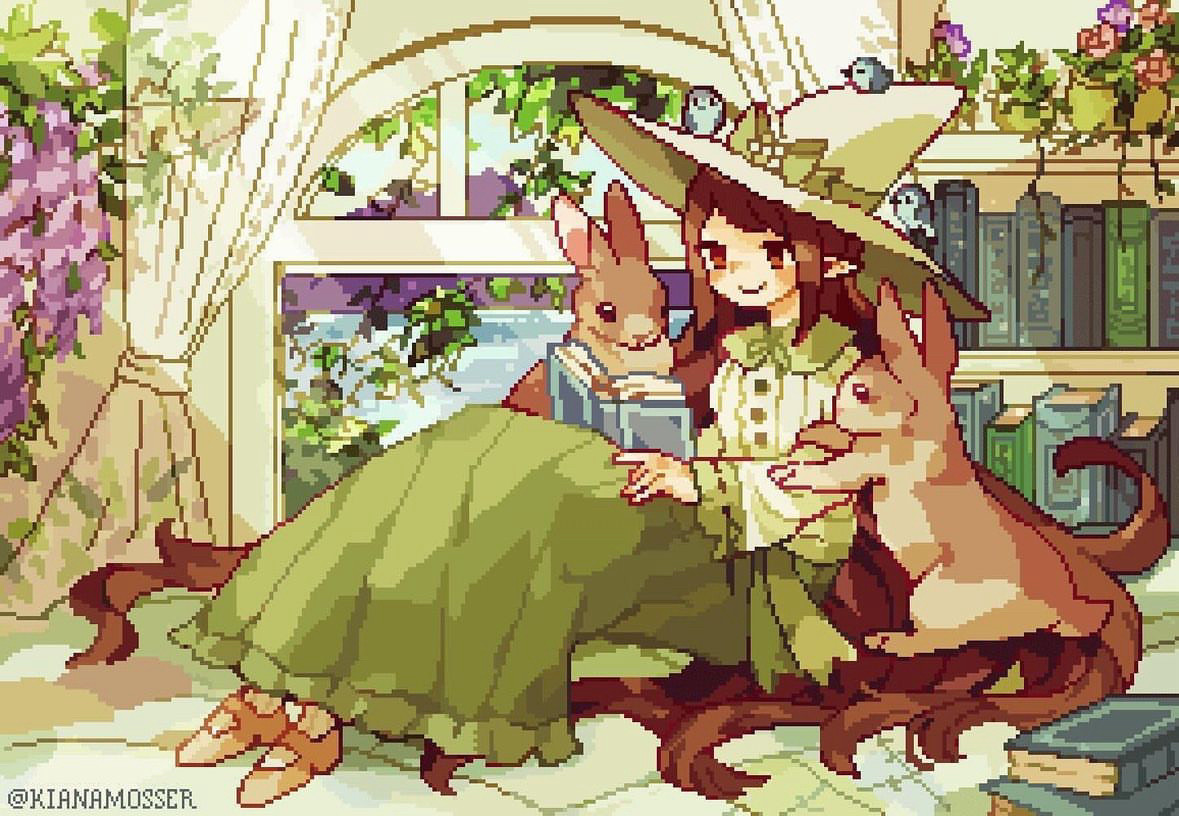 An illustration of a witch reading a storybook to her bunny and bird friends by the window inside their cozy cottage adorned with flowers and books. Outside the window are leaves with the sun shining through them and a mountain overlooking a lake.