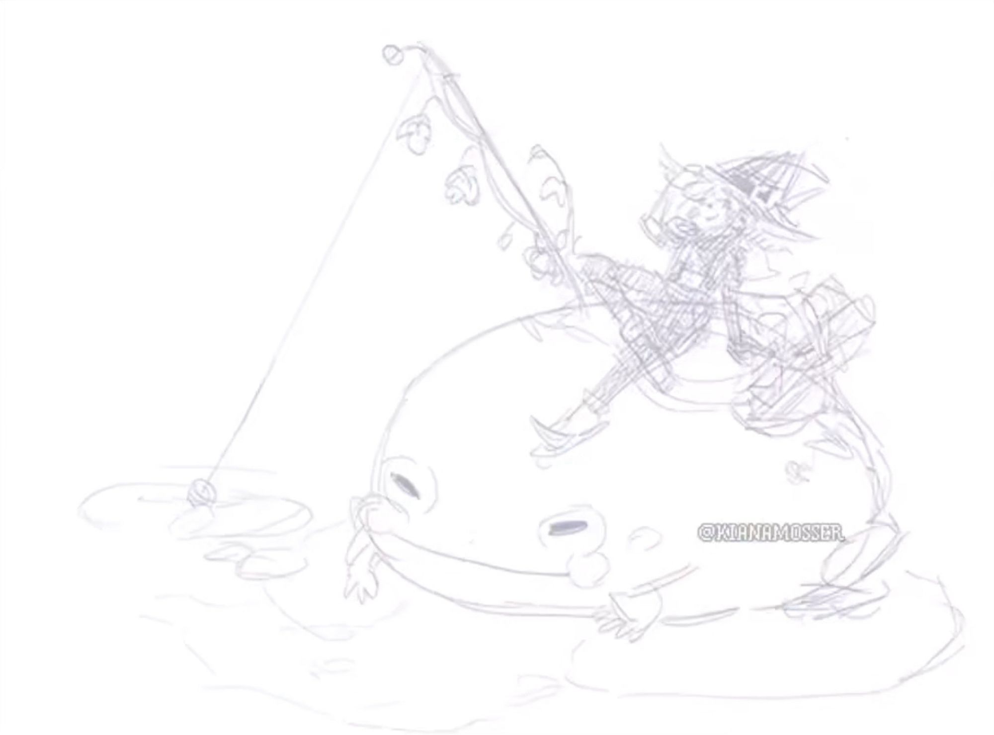 Rough sketch of a witch fishing atop a giant frog.