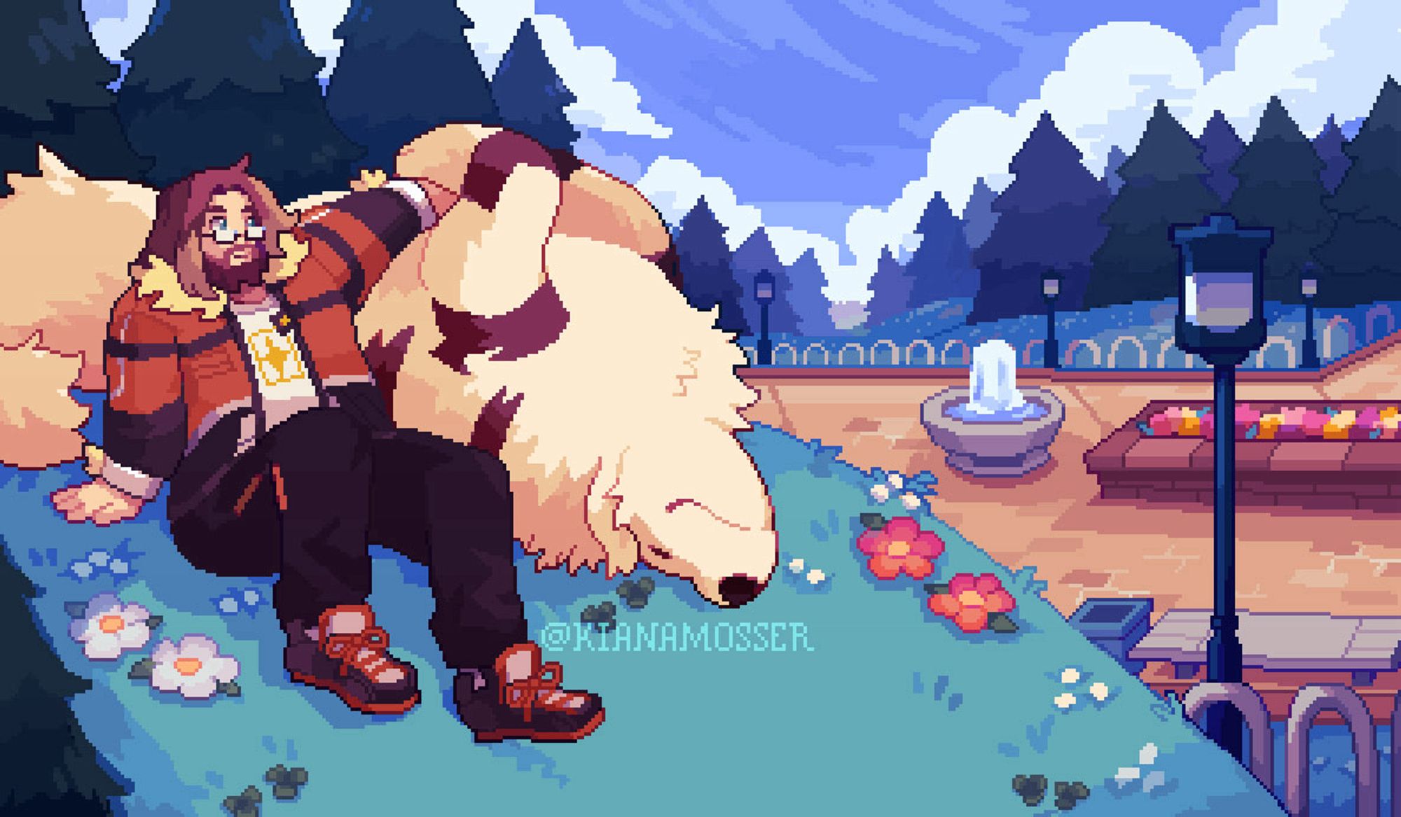 Pixel art: Peter and Ellie from Arcashine at a park reminiscent of National Park from Pokemon HeartGold/SoulSilver. They're enjoying the afternoon.