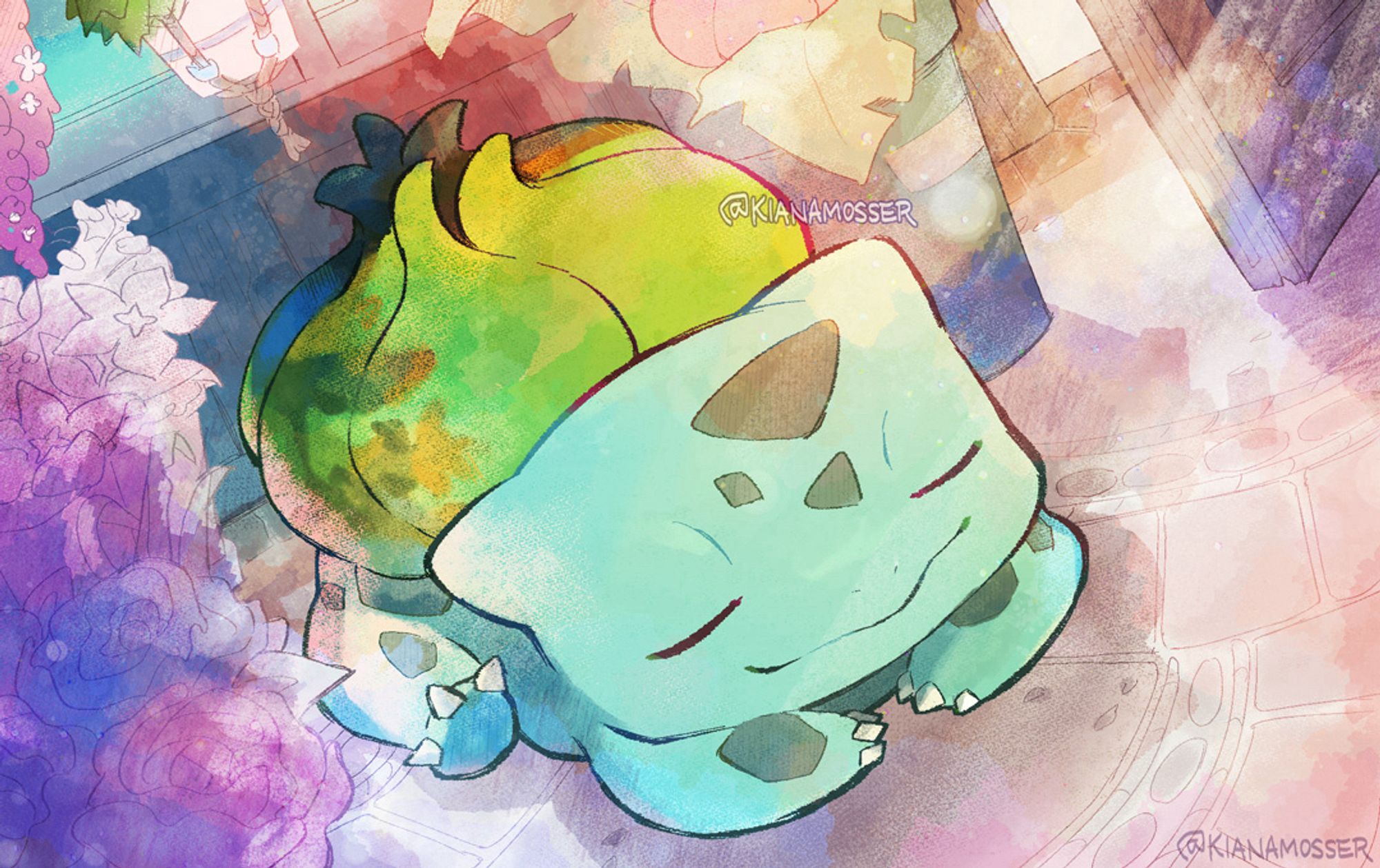 Bulbasaur taking a comfortable nap beside flowers on the porch in the sun.