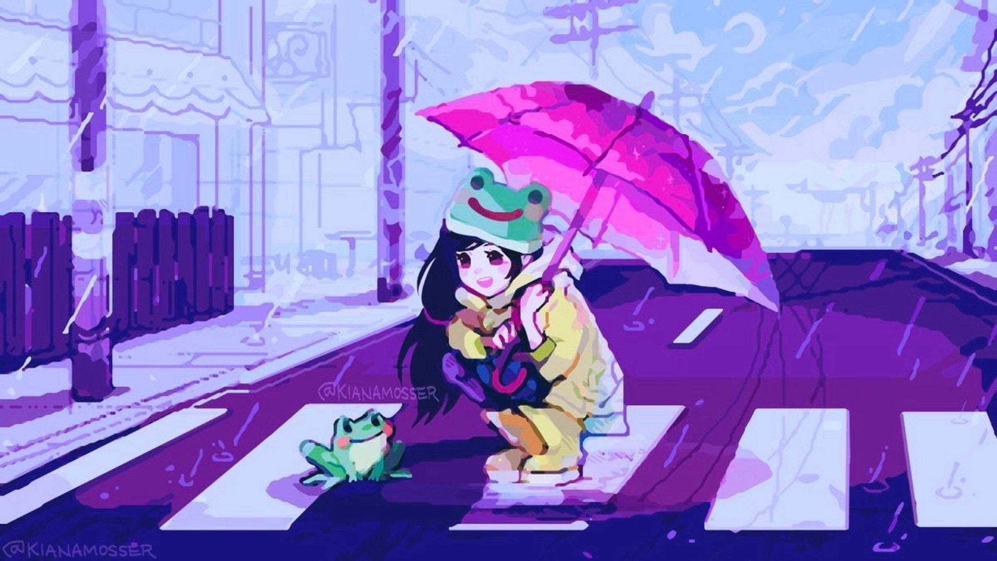 Illustration: A girl happily meeting a frog in the crosswalk of a rainy town painted in pastel colors. The girl is wearing a frog hat and holding an umbrella.