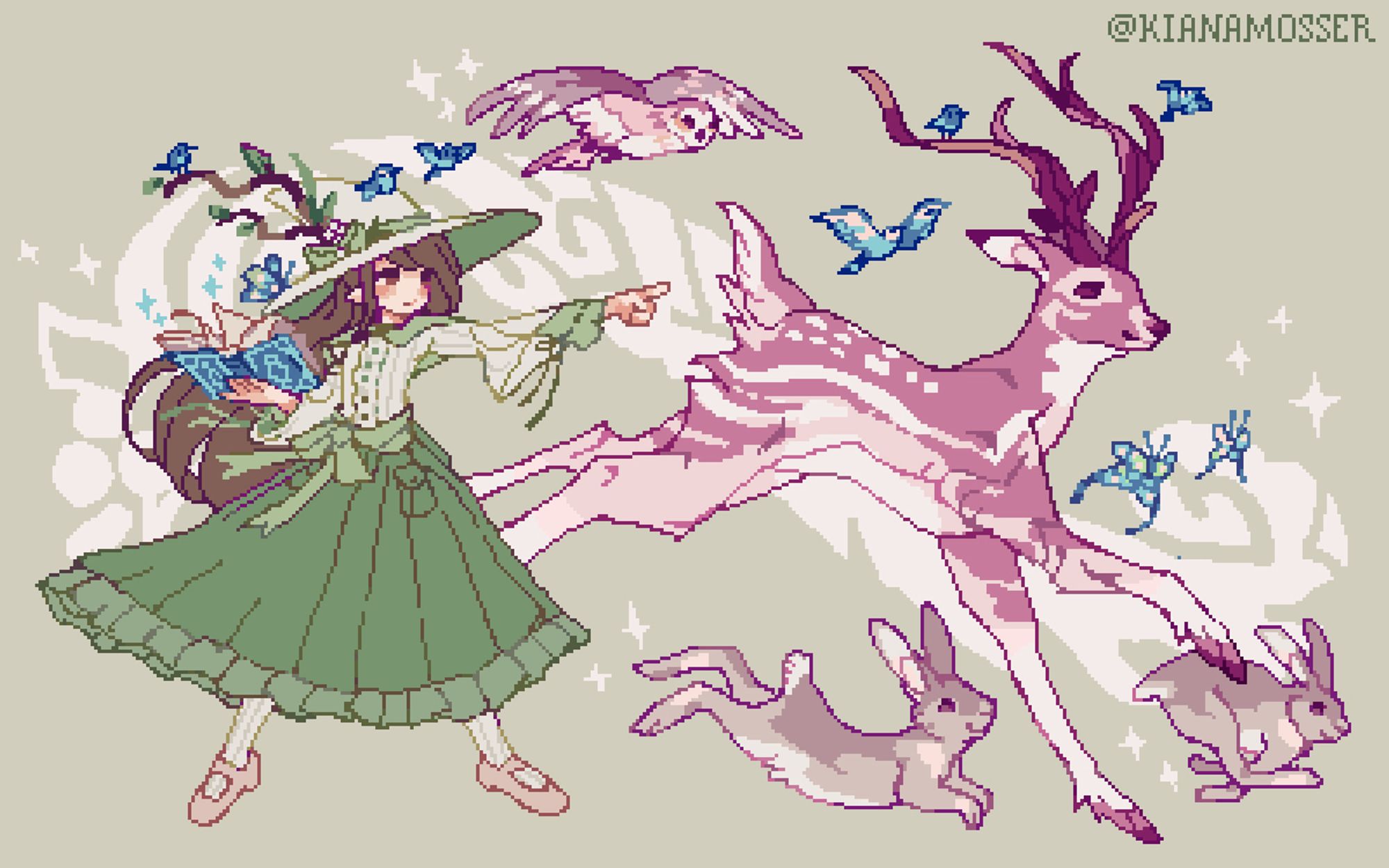 A pixel art illustration of a witch with a cottagecore aesthetic casting a magic spell using a storybook to summon forest creatures including deer, rabbits, birds, and butterflies.