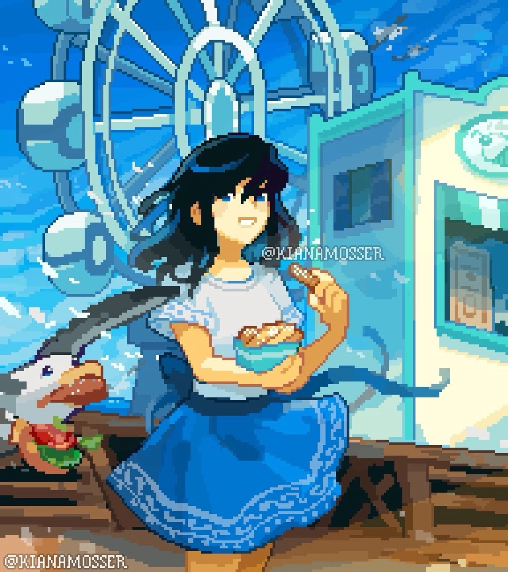 Pixel art: At a windy pier by the ocean, a girl is eating funnel cake and smiling as a seagull flies by with a cheeseburger in its mouth. In the background is a shack selling desserts, and a ferris wheel.