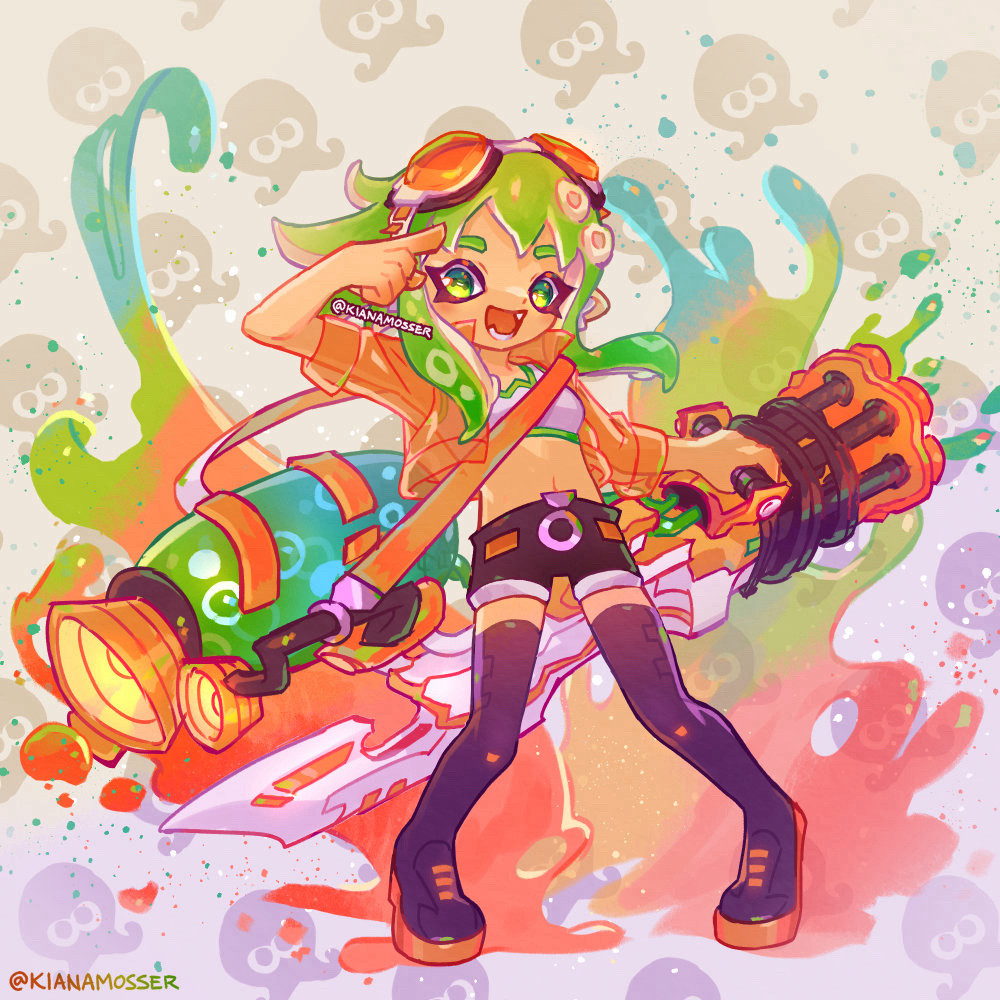 Illustration: Crossover of Splatoon and Vocaloid featuring Gumita, an octoling with short green tentacles and goggles, wielding a splatling. Text: @KianaMosser