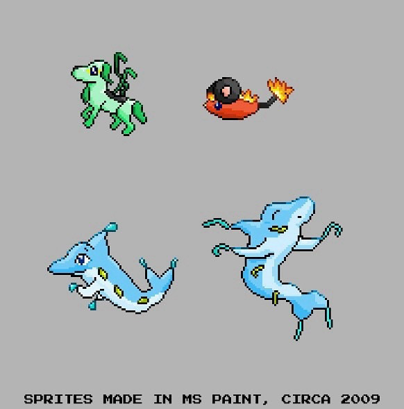 Four sprites: A dog with vines growing from its back, a mouse with a fiery tail, and two dolphins with droplet-shaped streamers. Text: Sprites made in MS Paint, circa 2009