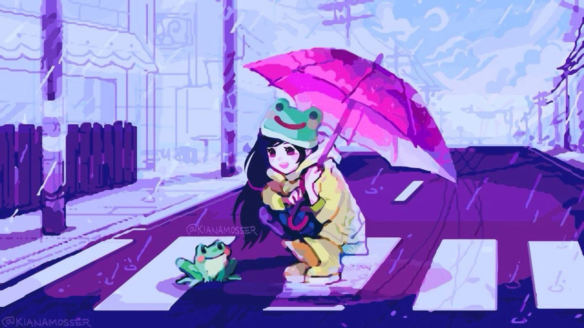 Illustration: A girl happily meeting a frog in the crosswalk of a rainy town painted in pastel colors. The girl is wearing a frog hat and holding an umbrella.