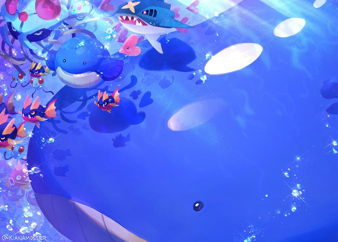 Illustration (piece 1/2): Tentacruel, Tentacool, Wailmer, Horsea, Sharpedo, Carvanha, Luvdisc swimming over Wailord underwater.