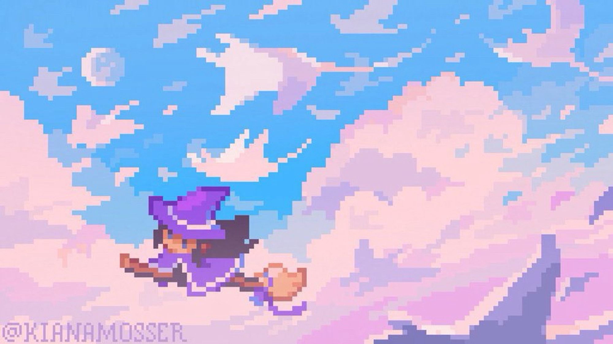 A pixel art illustration of a witch flying through the sky above the clouds on her broom during the migration of creatures that look like manta rays made of clouds.