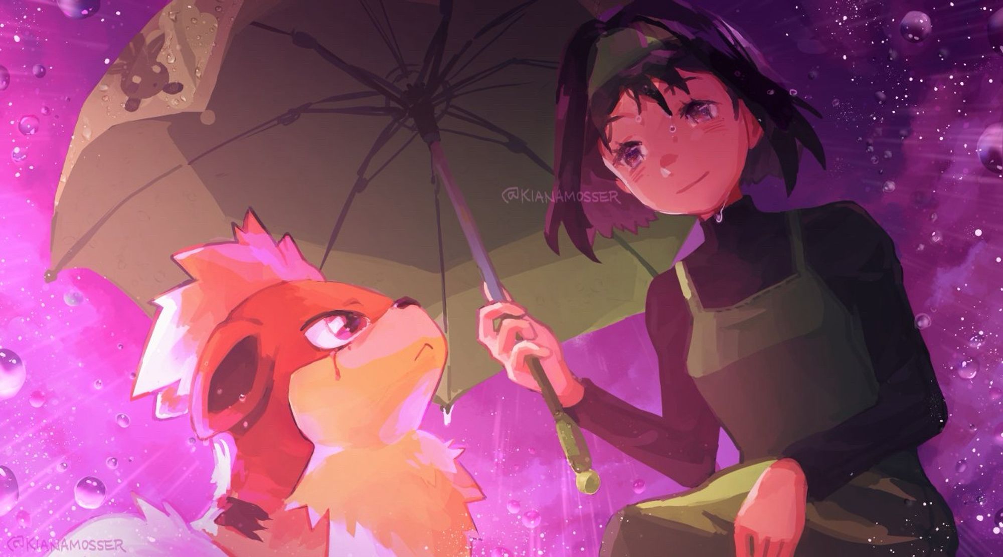 On a rainy evening, Erika from Pokémon is kindly holding an umbrella over a crying Growlithe.