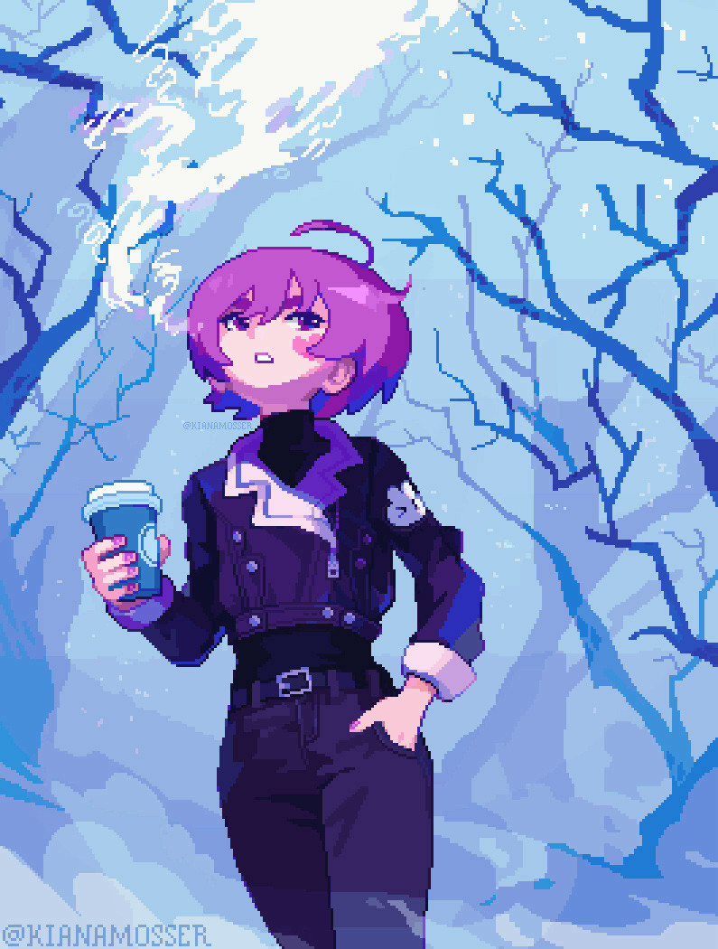 A pixel art illustration @SmugChomp’s OC, a short-haired punk girl walking through the snow on a cold day, with her breath fogging up the sky. She's holding a coffee cup in one hand and her other hand is in her jeans pocket. She's wearing a cropped leather jacket over a long black turtleneck. On the sleeve of the jacket is an embroidered rabbit. The environment is foggy and filled with trees that have lost their leaves.