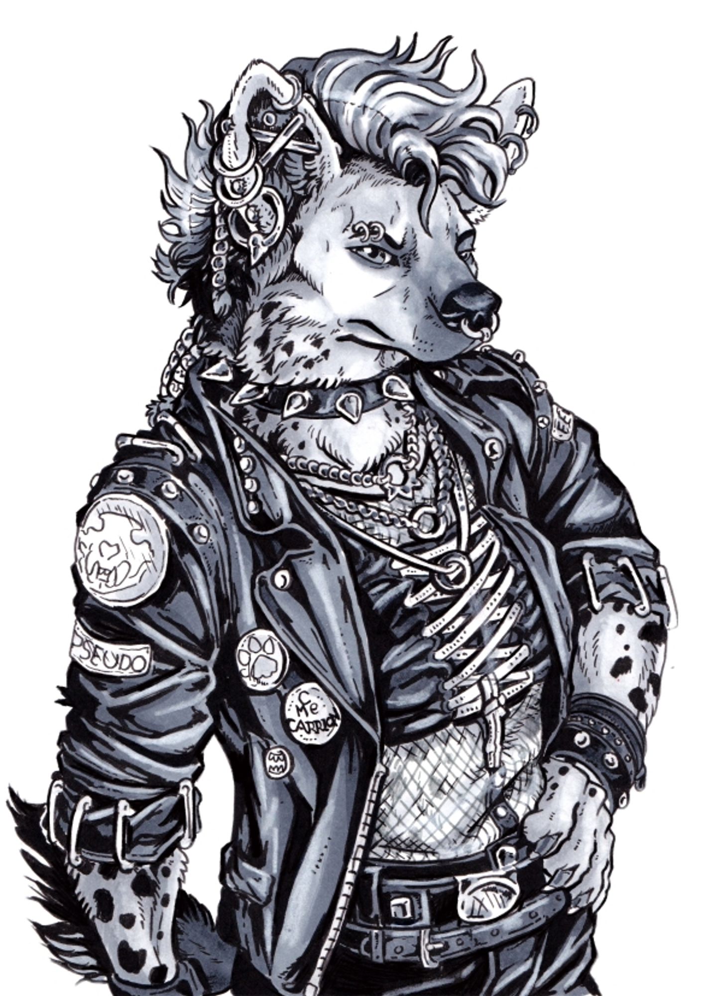 Ink and greyscale marker of a androgynous punk spotted hyena.