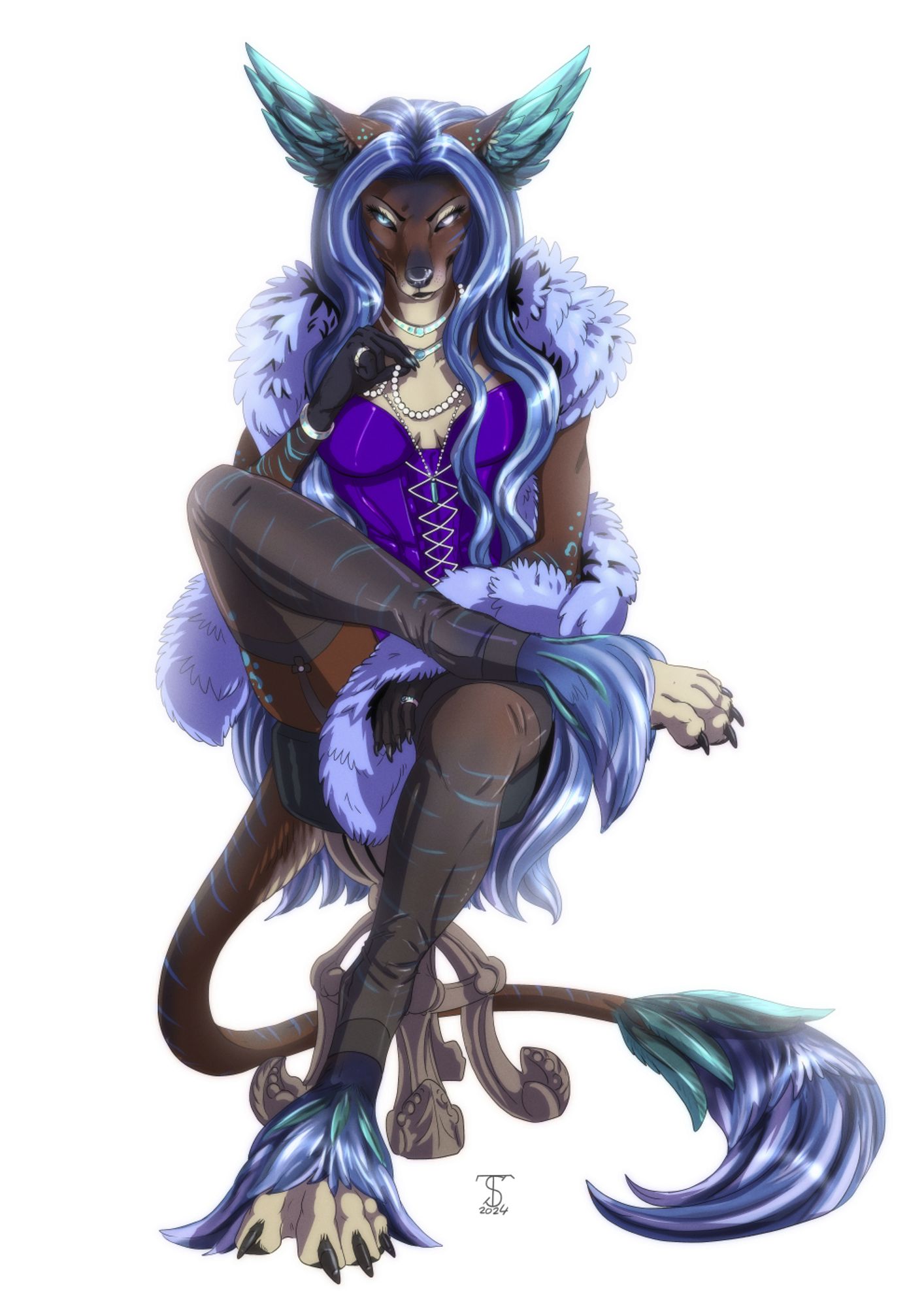 Fantasy anthropomorphic canine species wearing lingerie and a feather boa.
Done in digital