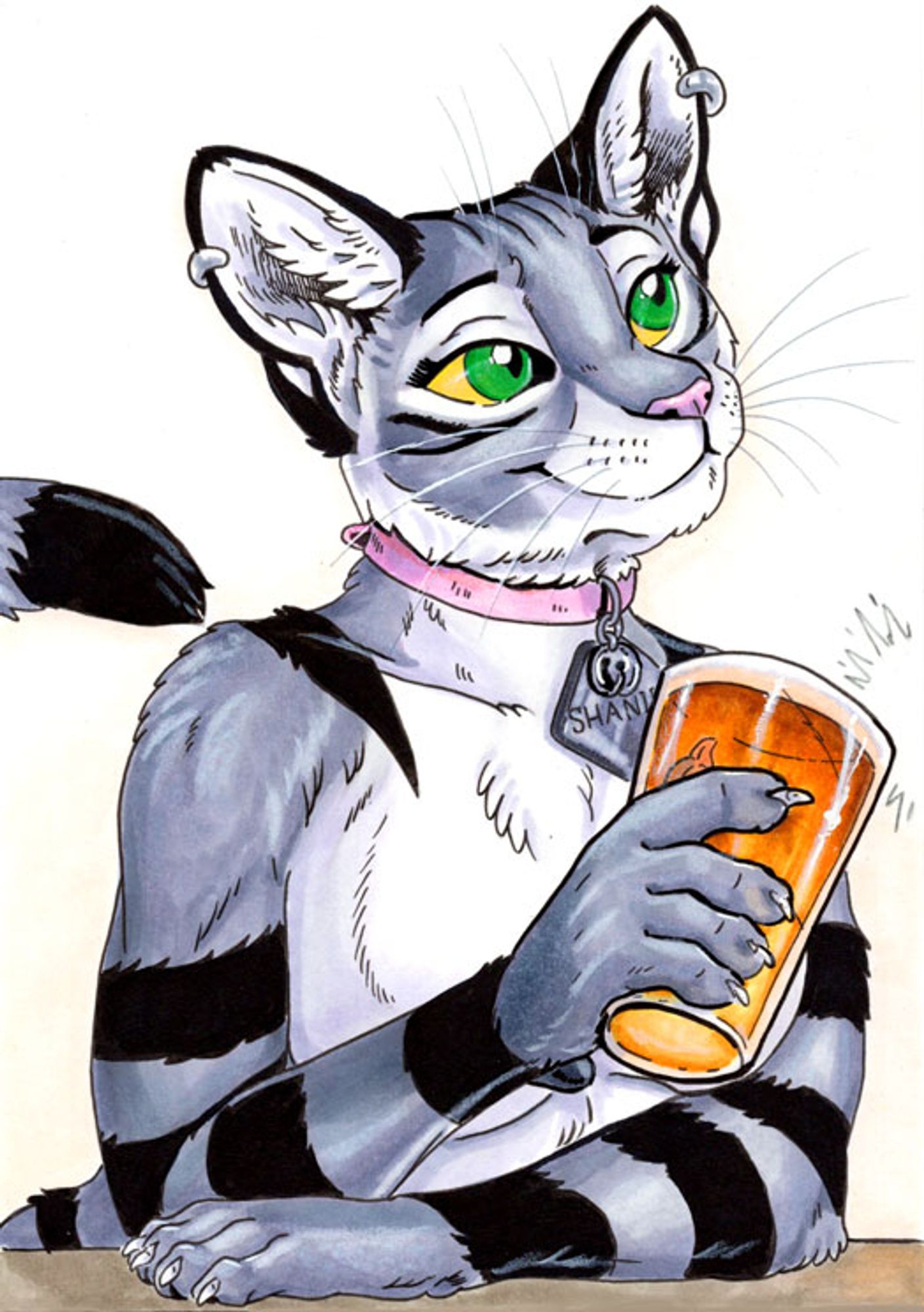 An anthropomorphic British short hair cat wearing a pink collar holding up a glass