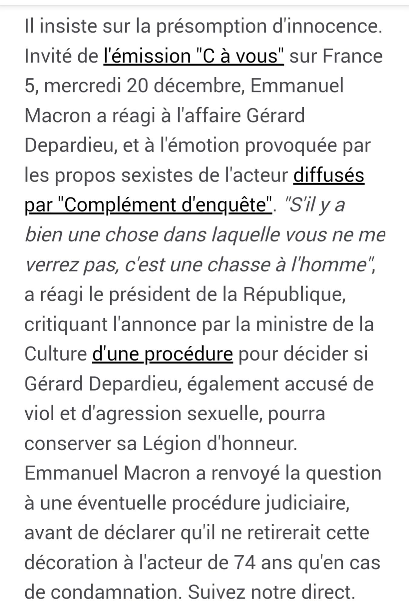 Macron invoque la présomption d'innocence pour Depardieu.