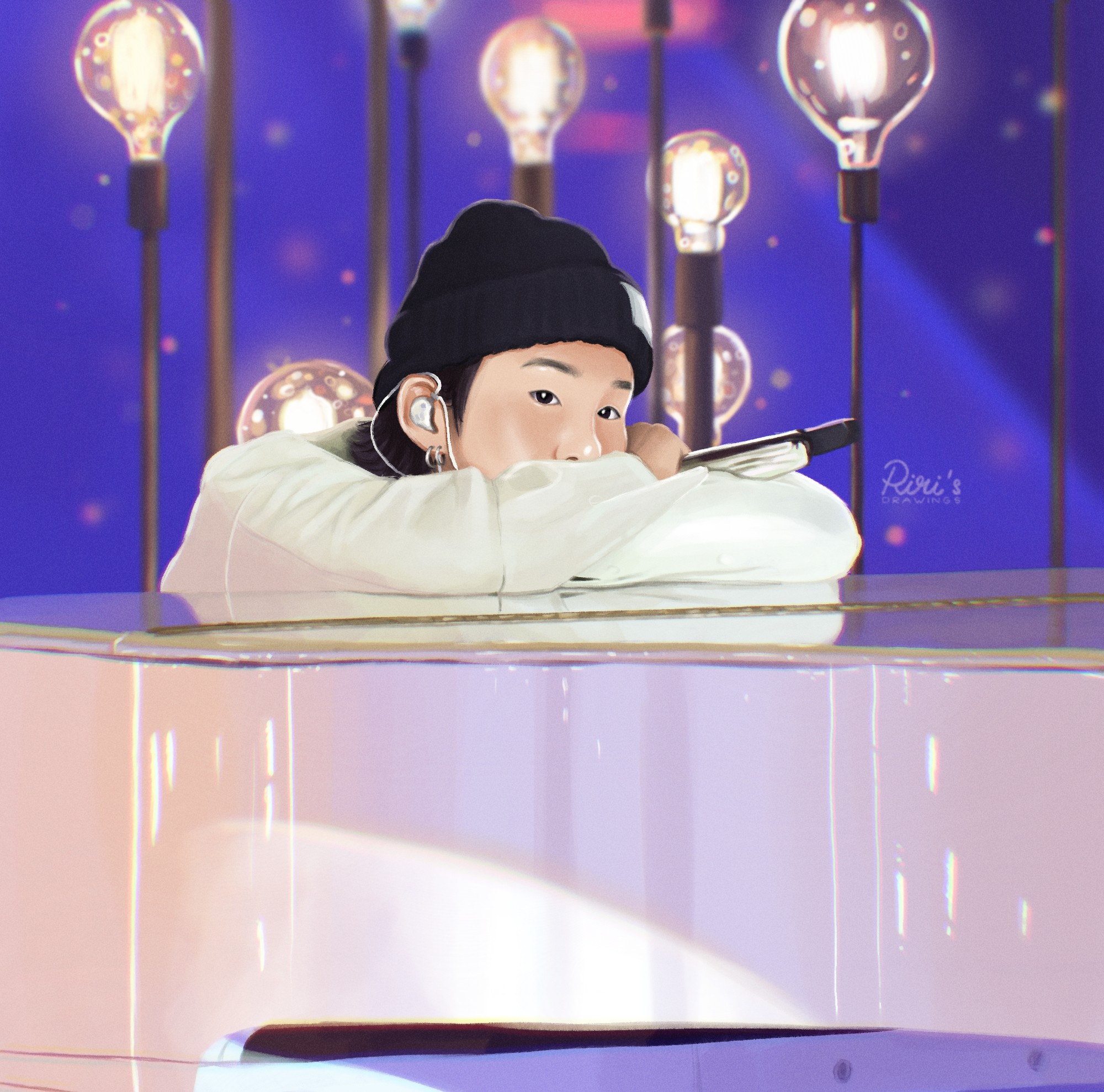 Fanart of Yoongi in a white shirt and a black beanie, holding a mic. He has his head on his folded arms which are on a glossy white grand piano.
Behind him are several light bulbs on sticks. 
It's from the rehearsal of BTS' Yet to Come Comeback Show on M Countdown