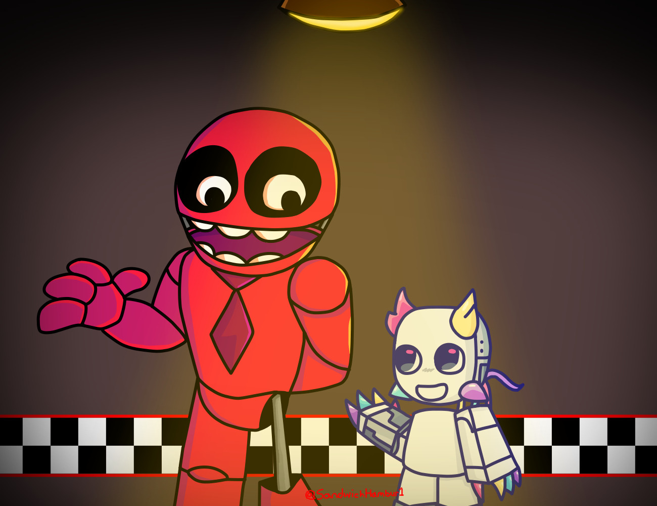 Reddy and Prototype from the Roblox game "Regretevator", walking down a dark hallway.