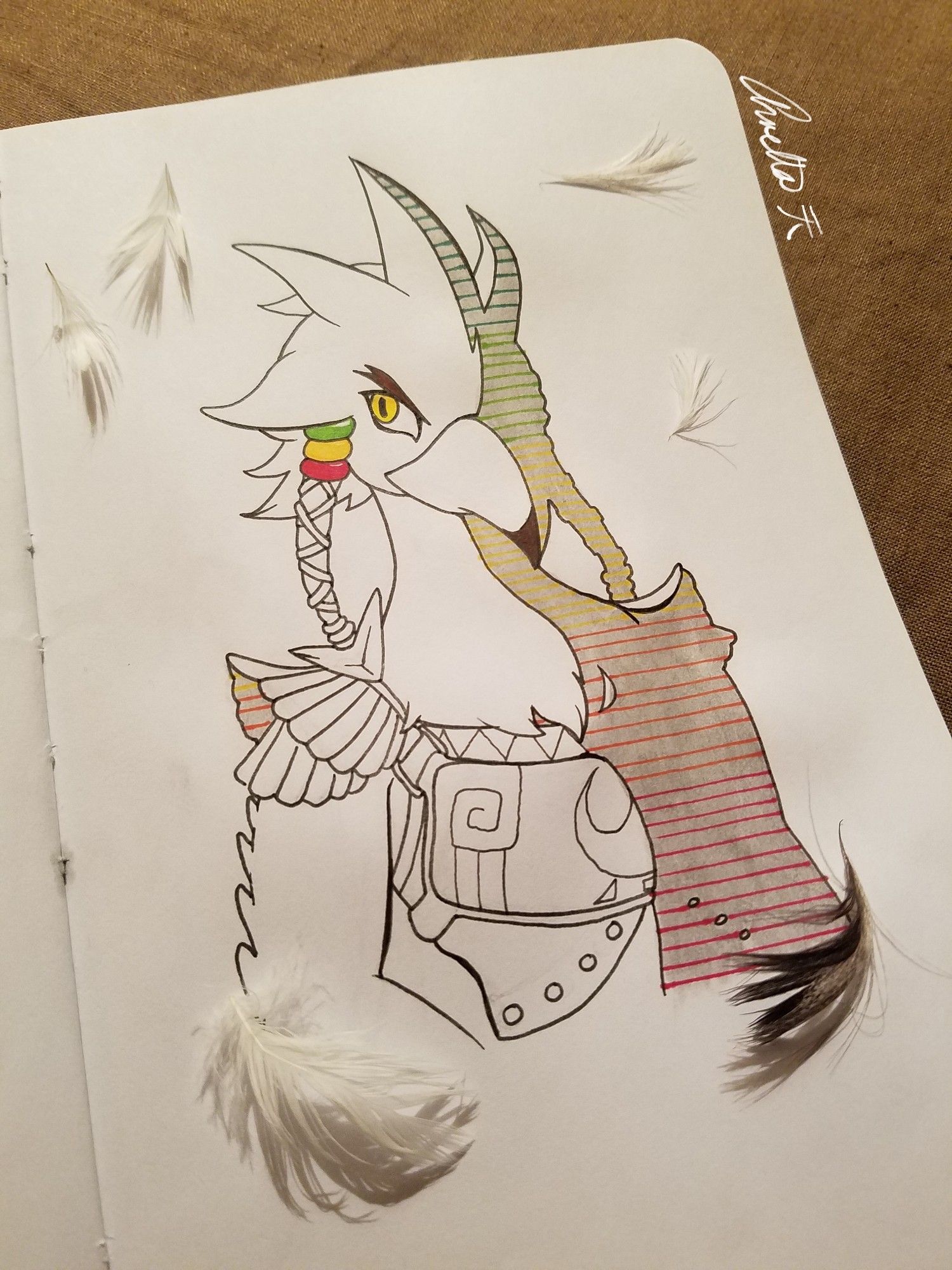 An inked illustration of Teba from Breath of the Wild. Small feathers are scattered about the page.