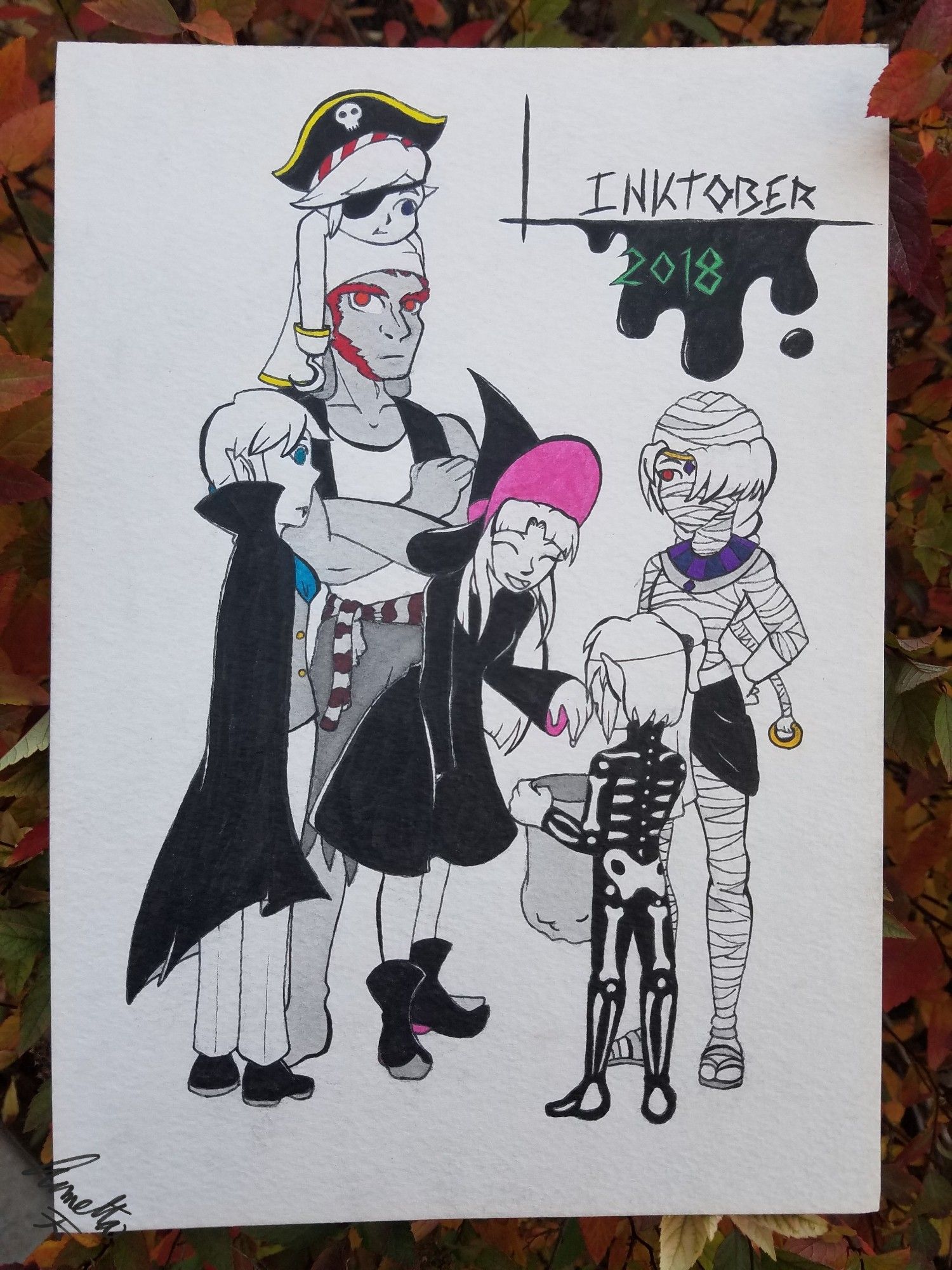 An inked illustration of the playable Zelda characters in Smash Bros. Ultimate, each wearing a different Halloween Outfit. "Linktober 2018" is written in the corner.