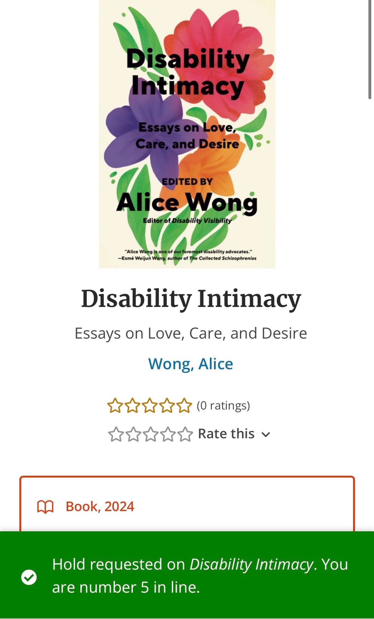 cover

Disability Intimacy
Essays on Love, Care, and Desire Wong, Alice
(0 ratings)
Rate this

Book, 2024
Hold requested on Disability Intimacy. You are number 5 in line.