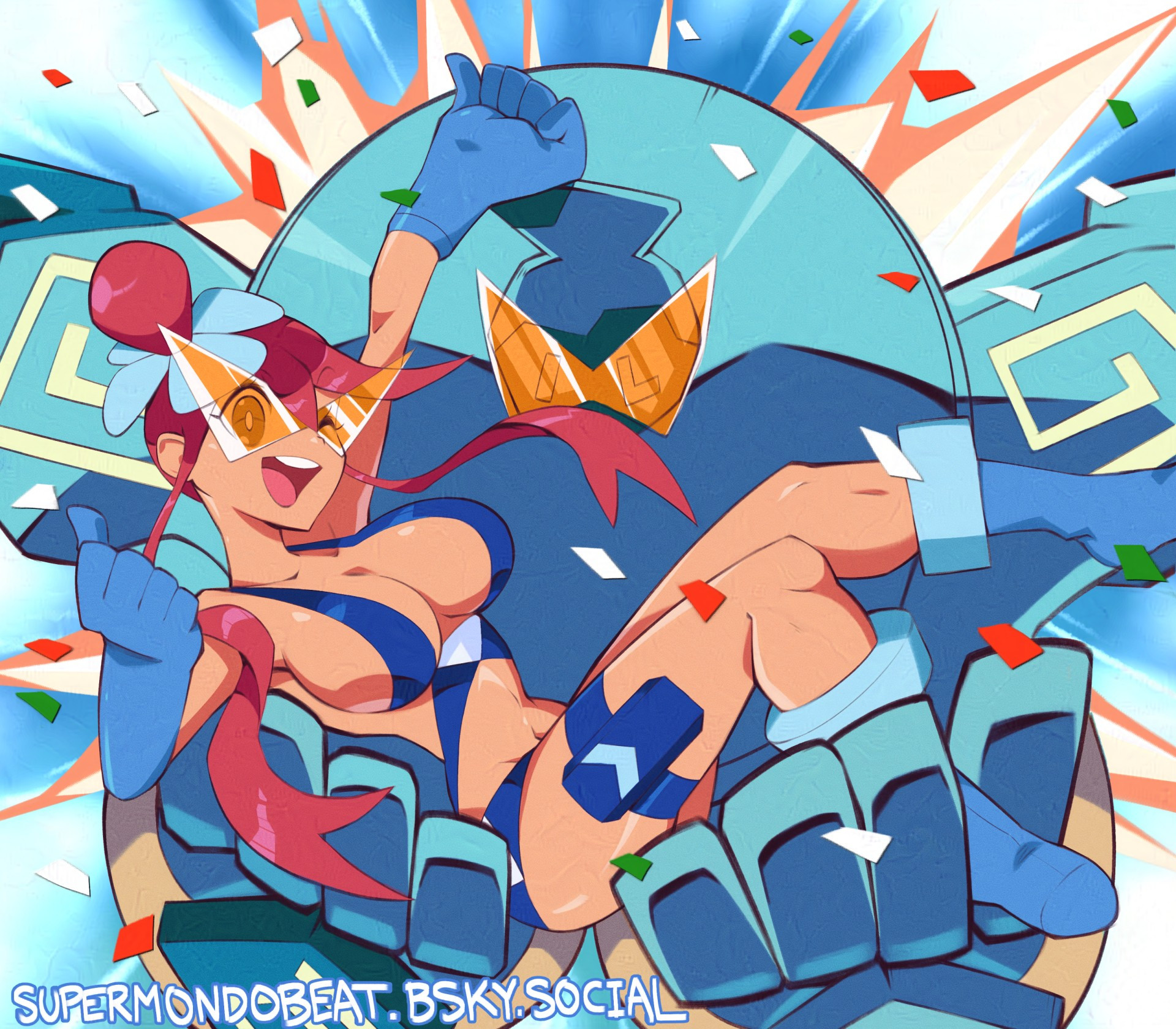 Skyla from Pokémon Black and White, being carried by a Golurk as it jettisons through the sky at high speeds, as if attempting to escape from a horrible website. Both of them are wearing matching cool shades. Other than this discrepancy, Skyla is wearing her outfit in which she is most commonly depicted, though I think part of it might be missing.