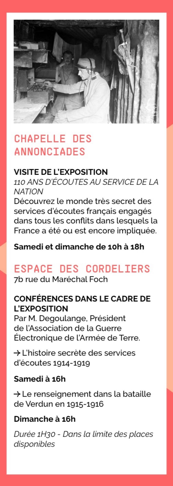 Descriptif d’une manifestation dans le cadre des JEP 2024: « 100 ans d’écoutes au service de la nation » avec une conférence aujourd’hui et une autre demain.