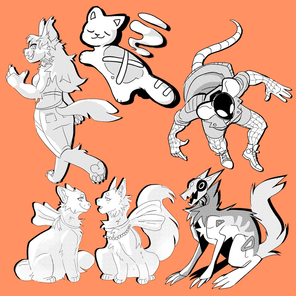 black and white sketches on an orange background, of various furry characters.