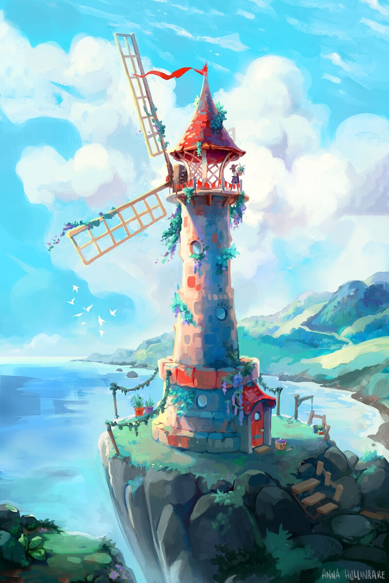 A painting of a windmill by the sea