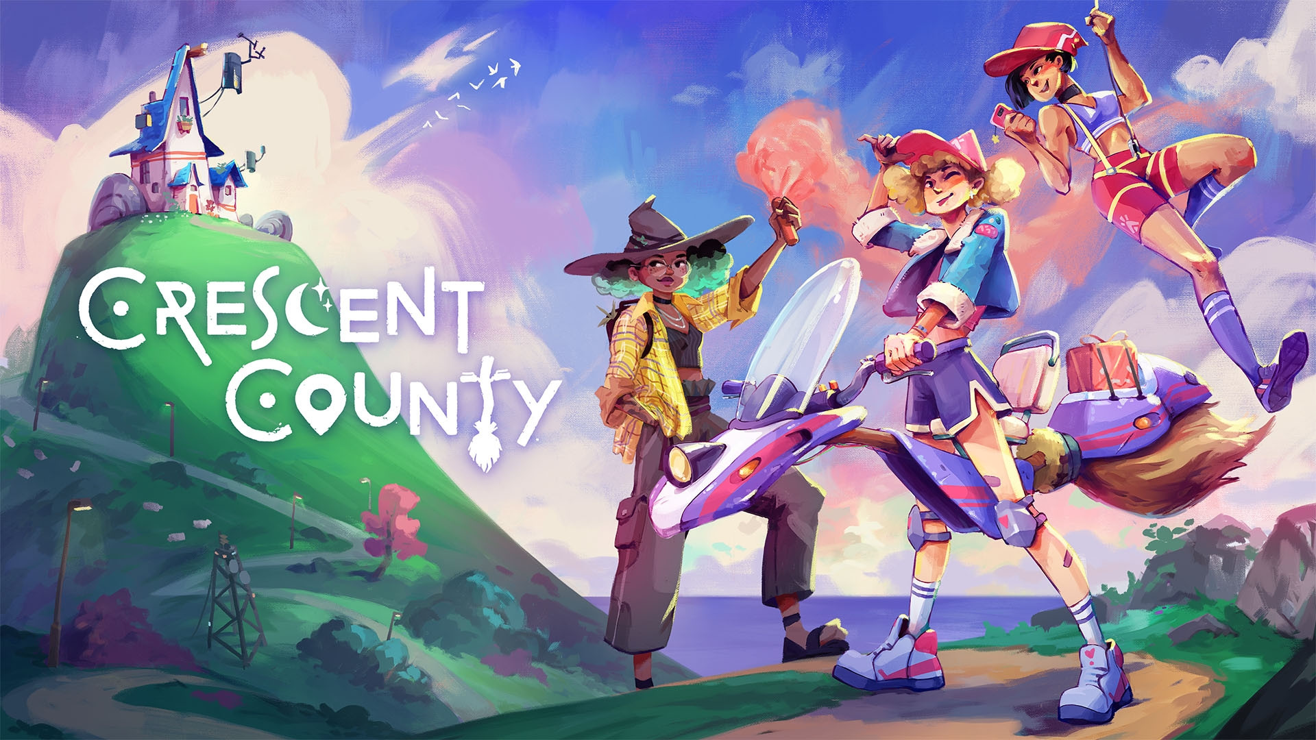 Key art for the game Crescent County, featuring three people and a motorbroom