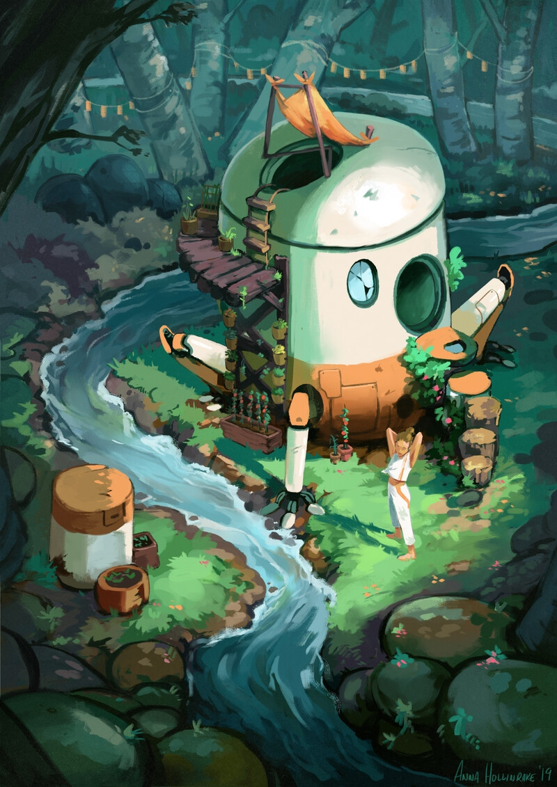 A painting of a solarpunk escape pod by a stream