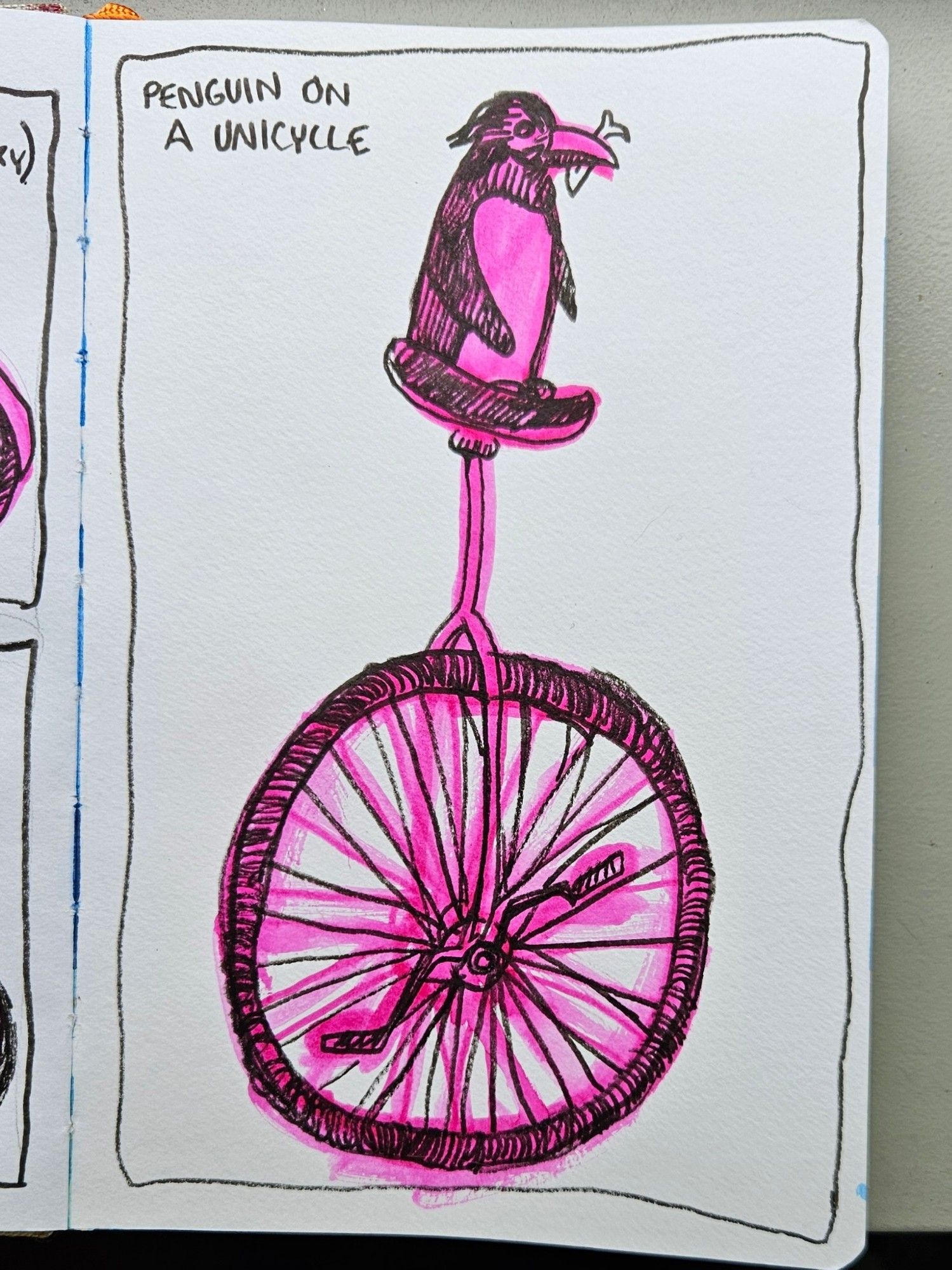 A drawing of a tiny penguin atop a giant unicycle rendered in black and hot pink. The penguin has a tiny fish in its mouth.