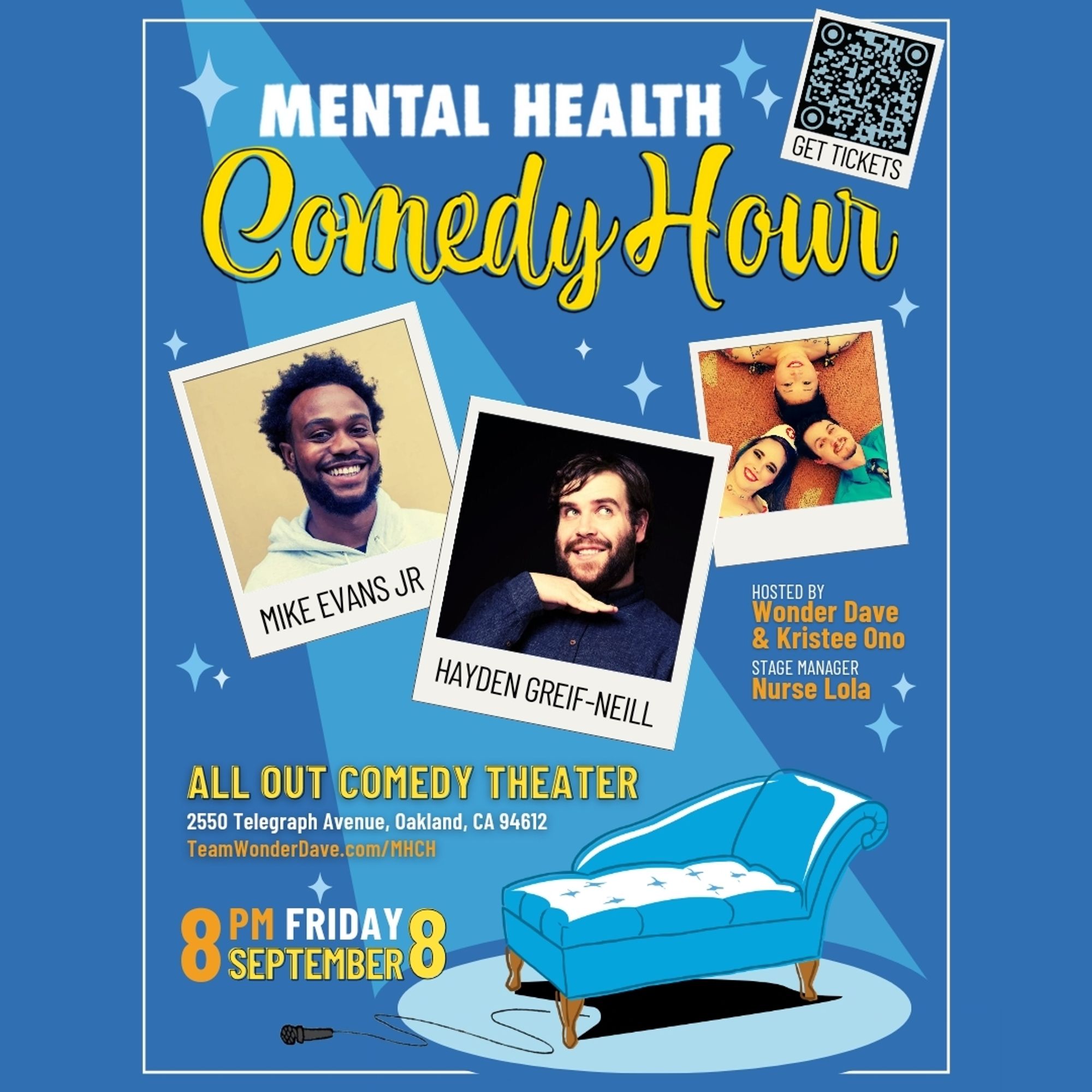 A poster for mental health comedy hour 8pm Friday Sept 8th at All Out Comedy Theater. There is a light blue chaise lounge in a spotlight with a microphone on the ground next to it.  There are three photos of performers made to look like Polaroids