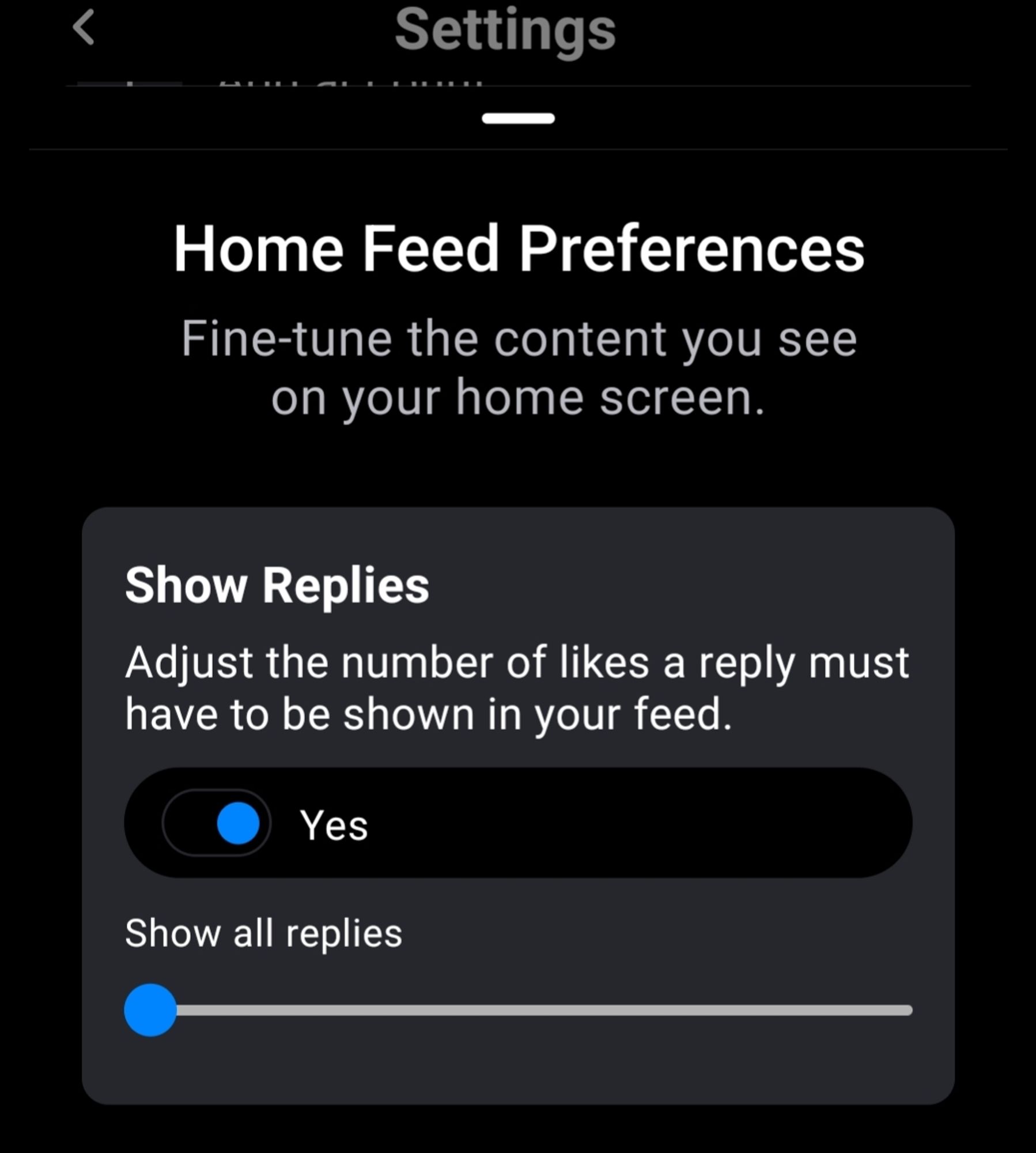 Screenshot of the settings for home feed preferences. The options for showing replies allows you to adjust the number of likes a reply must have to be shown in your feed. The screenshot shows replies enabled for all replies.