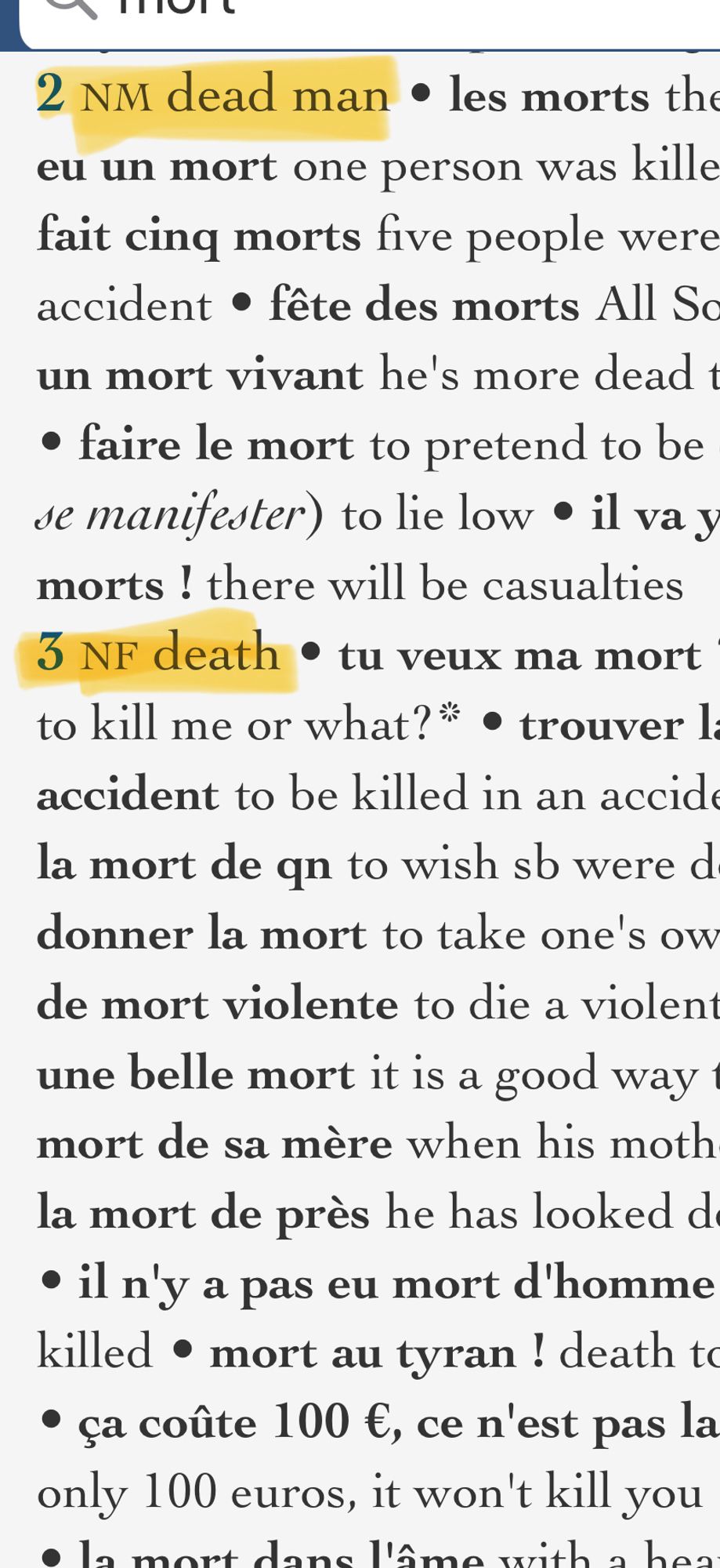 Screen shot from a dictionary showing there is a female sense of the concept of death, and a male sense of a dead person