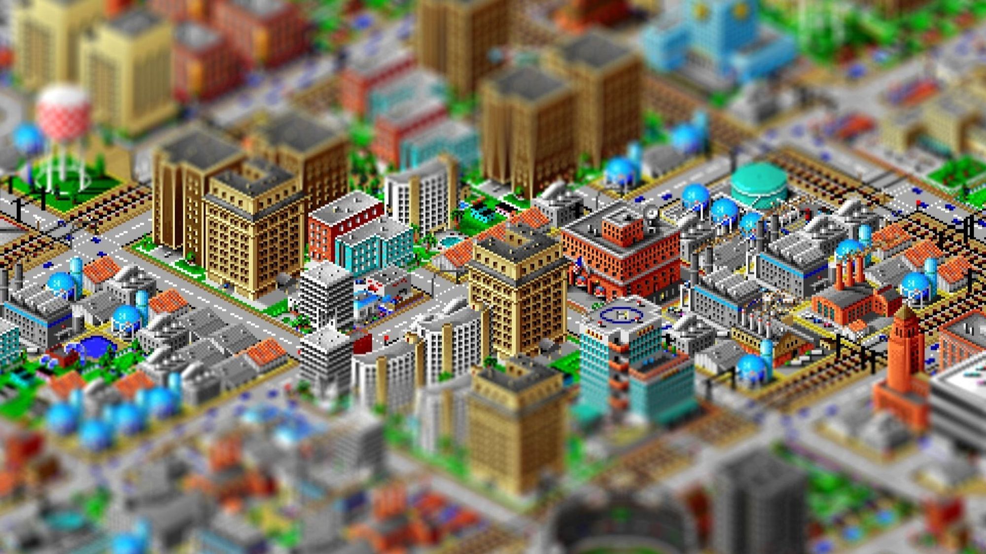 Screenshot of the game SimCity 2000 showing a (what has to be horribly polluted) residential district squeezed between two industrial zones. Traffic seems to be pretty heavy nearby. The top and bottom thirds of the image have a blur effect.