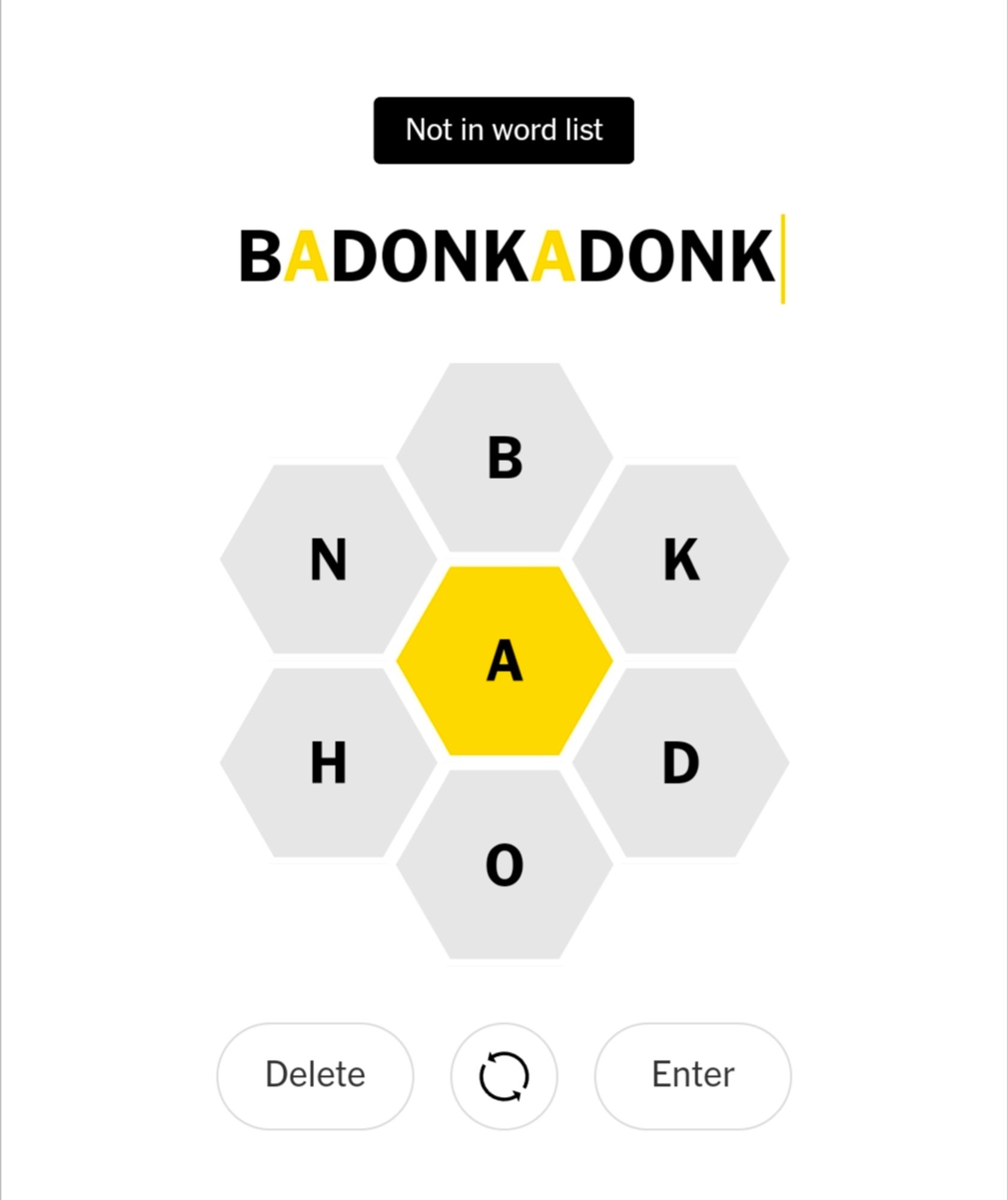 NY Times Spelling Bee game with BADONKADONK being rejected as not in word list