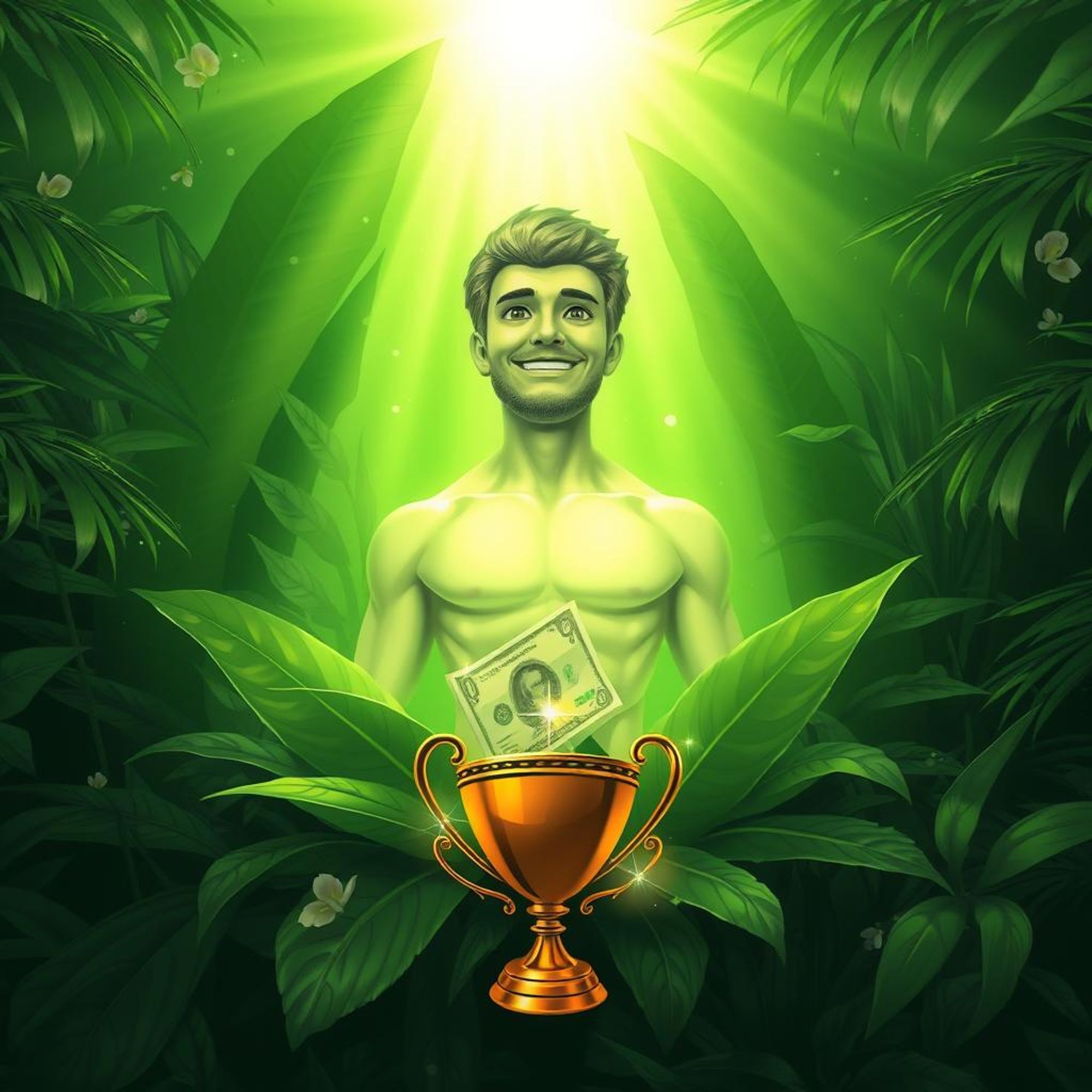 Imagem de uma figura humana cercada por uma aura de luz verde, simbolizando riqueza e abundância, emergindo de uma densa floresta tropical, com uma carteira transbordando de dinheiro e um troféu brilhante ao fundo. A figura está sorrindo, com uma expressão de triunfo e realização.