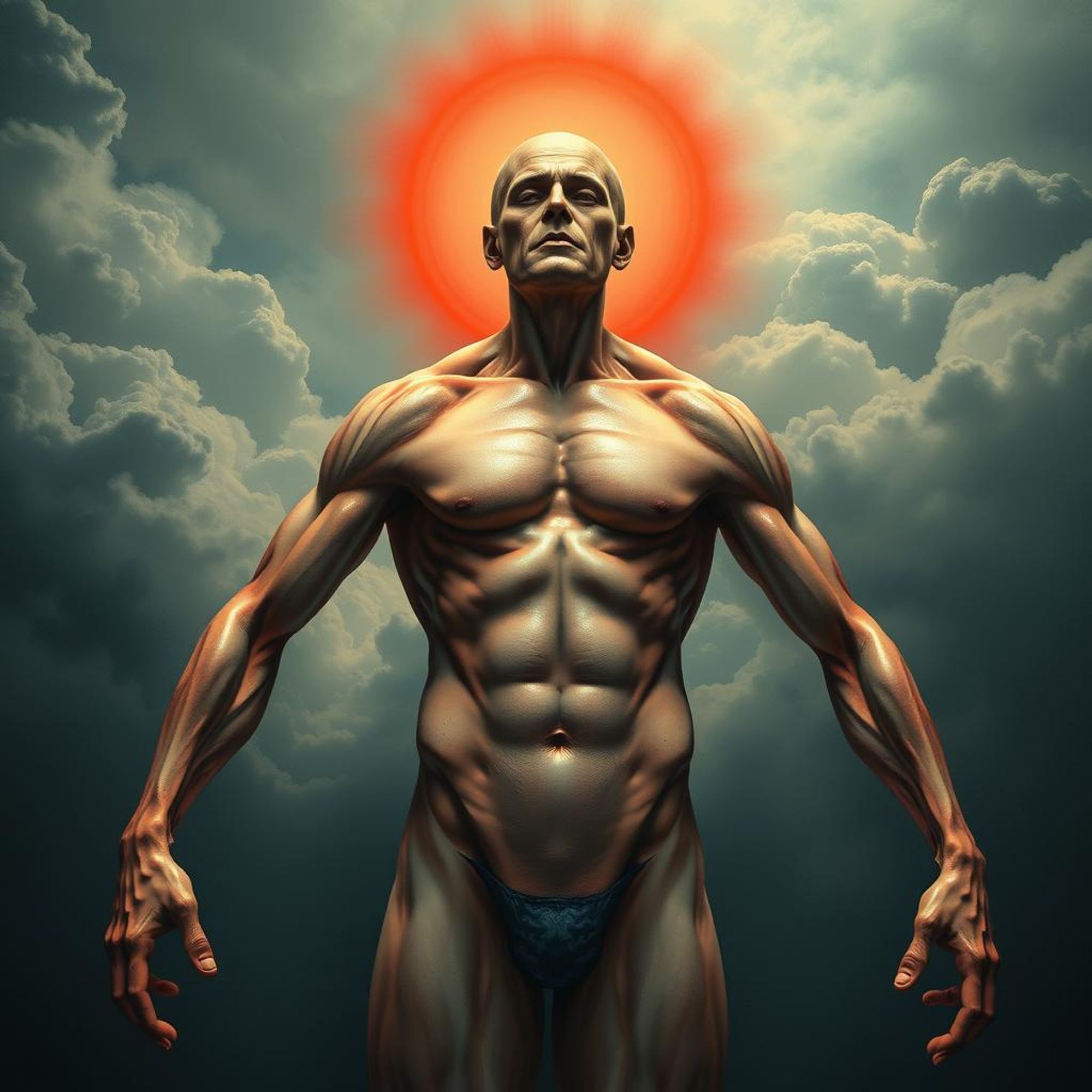 Imagem: Uma figura muscular, mas desproporcional e inchada, com veias salientes e pele brilhante. Ao fundo, um fundo de tom escuro e nuvens carregadas, simbolizando a sensação de desconforto e insatisfação. A figura está cercada por um halo de luz avermelhada, representando a sensação de mal-estar e desconforto.